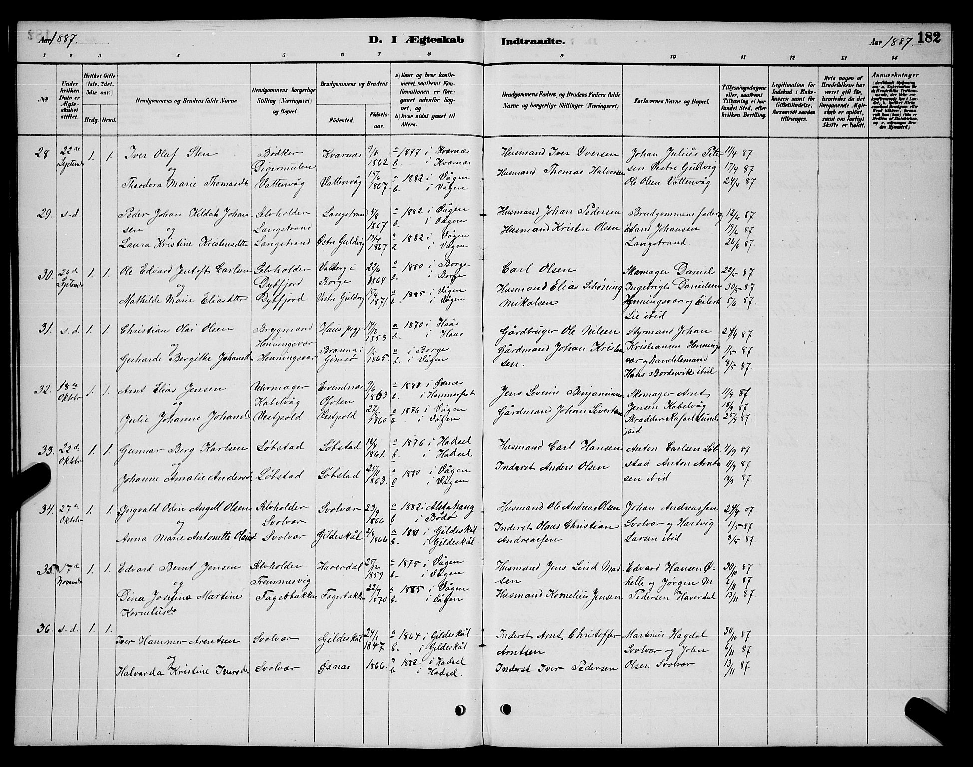 Ministerialprotokoller, klokkerbøker og fødselsregistre - Nordland, AV/SAT-A-1459/874/L1076: Parish register (copy) no. 874C05, 1884-1890, p. 182