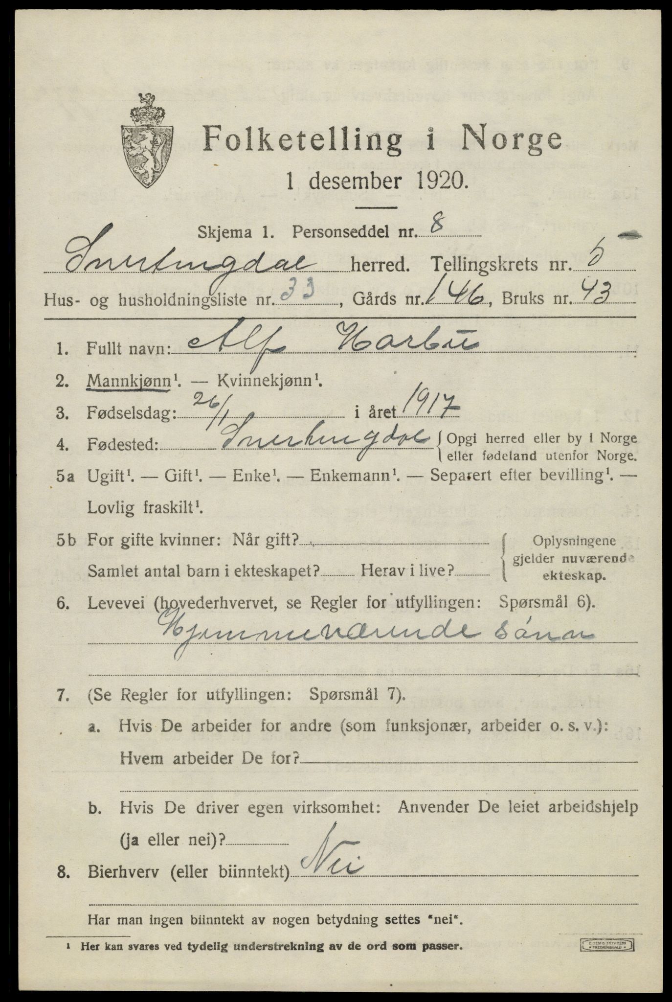 SAH, 1920 census for Snertingdal, 1920, p. 4691