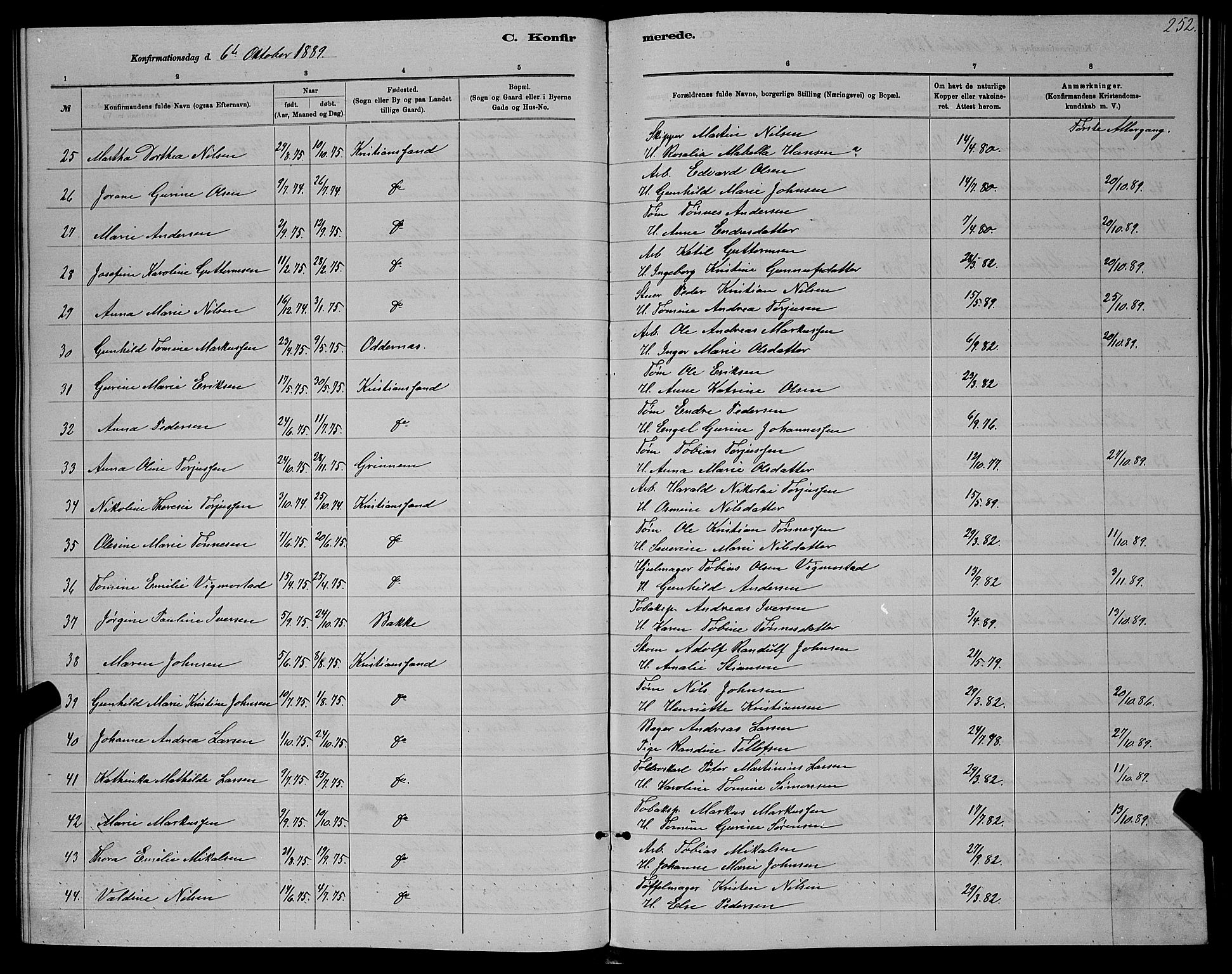 Kristiansand domprosti, AV/SAK-1112-0006/F/Fb/L0016: Parish register (copy) no. B 16, 1881-1893, p. 252