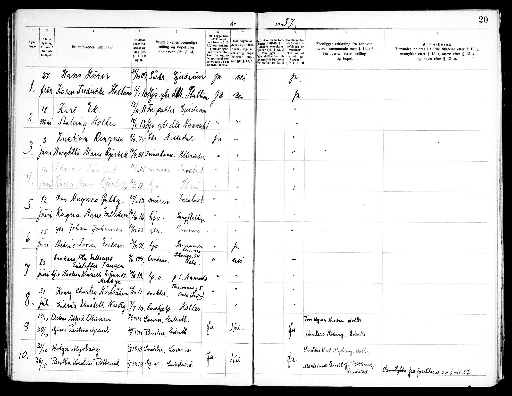 Nannestad prestekontor Kirkebøker, AV/SAO-A-10414a/H/Hb/L0001: Banns register no. II 1, 1919-1969, p. 20