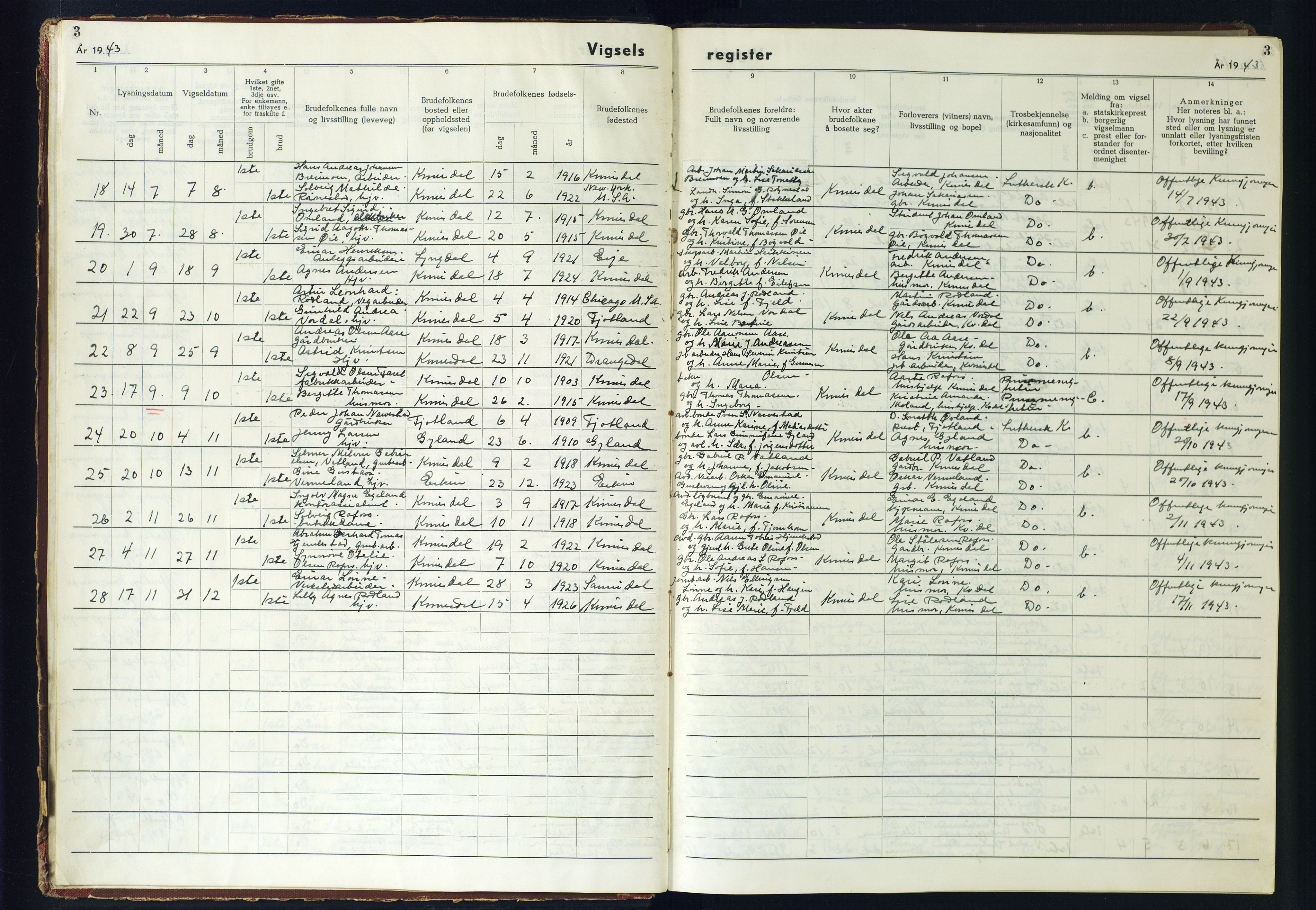 Kvinesdal sokneprestkontor, AV/SAK-1111-0026/J/Jb/L0005: Marriage register no. II.6.5, 1942-1944, p. 3