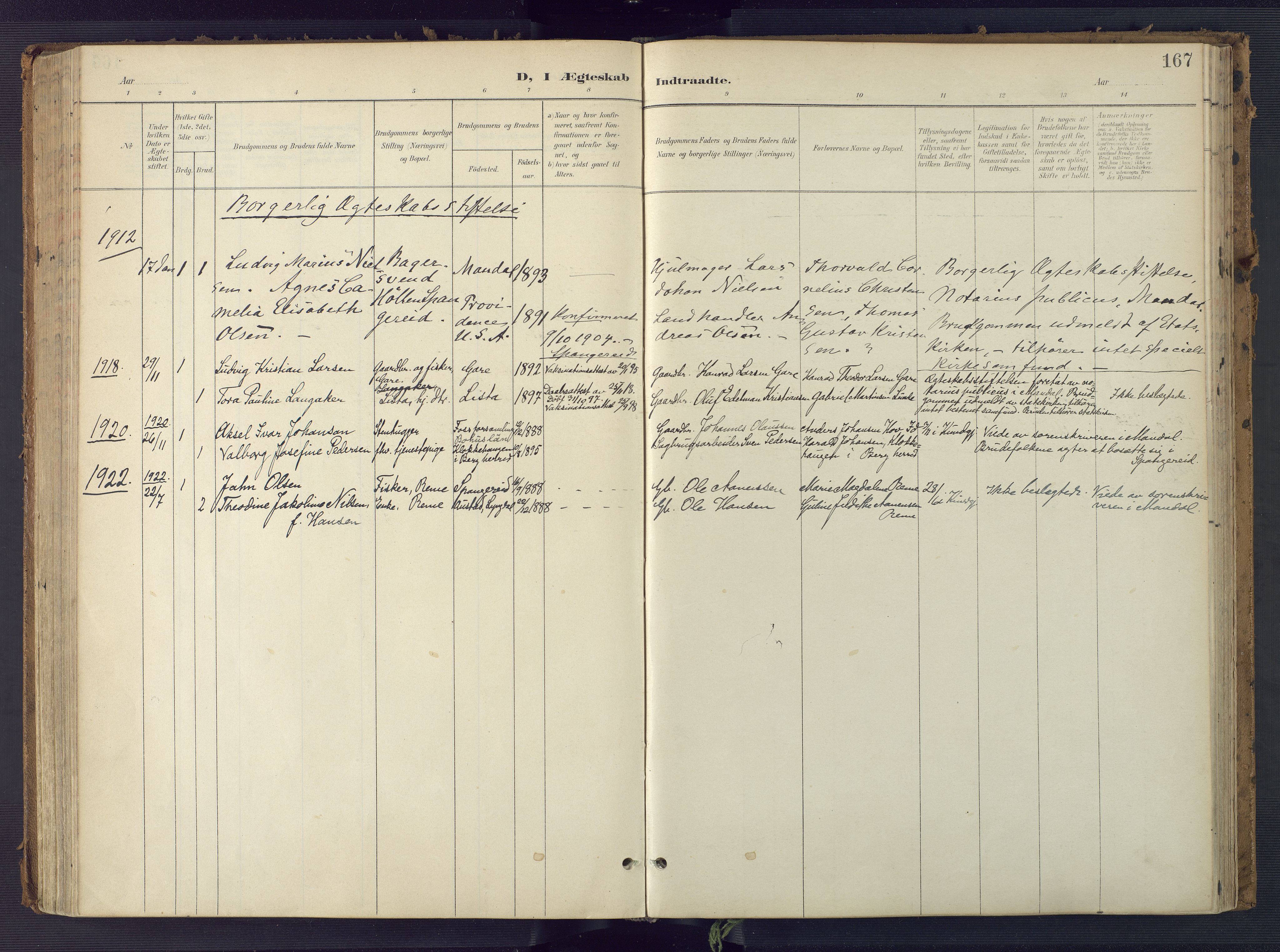 Sør-Audnedal sokneprestkontor, AV/SAK-1111-0039/F/Fa/Faa/L0005: Parish register (official) no. A 5, 1900-1923, p. 167