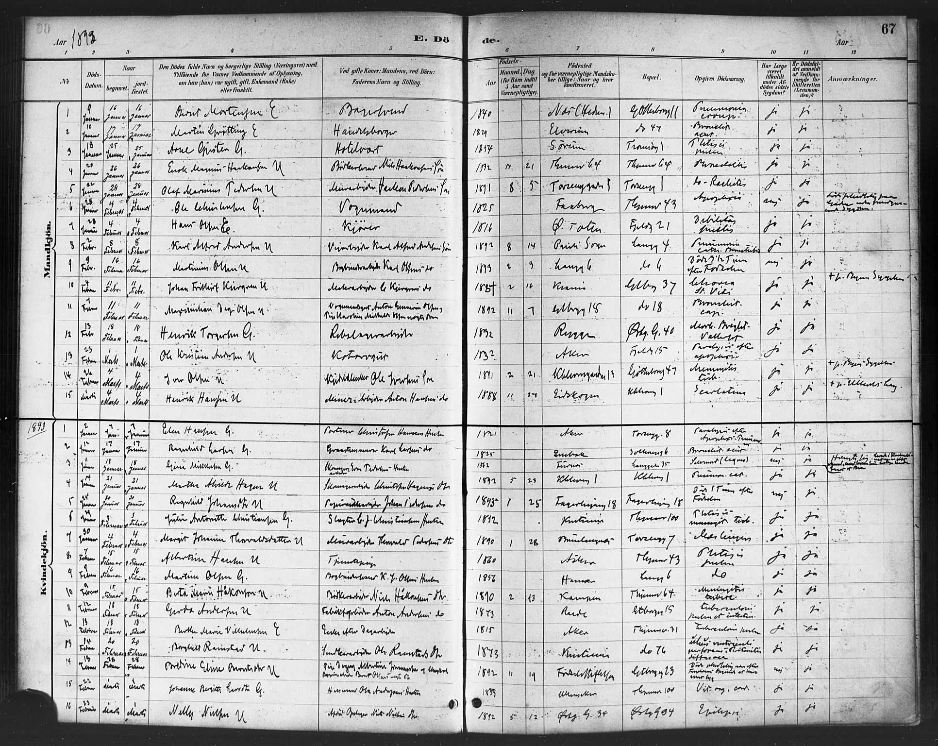 Petrus prestekontor Kirkebøker, AV/SAO-A-10872/F/Fa/L0003: Parish register (official) no. 3, 1885-1903, p. 67