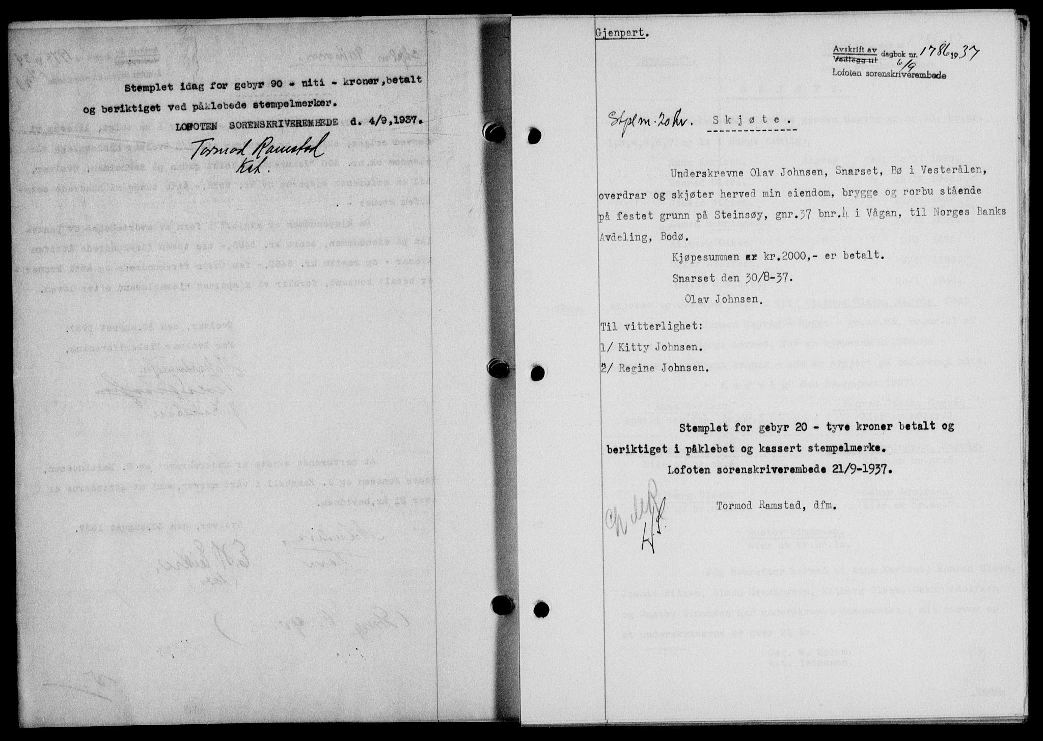 Lofoten sorenskriveri, SAT/A-0017/1/2/2C/L0002a: Mortgage book no. 2a, 1937-1937, Diary no: : 1786/1937