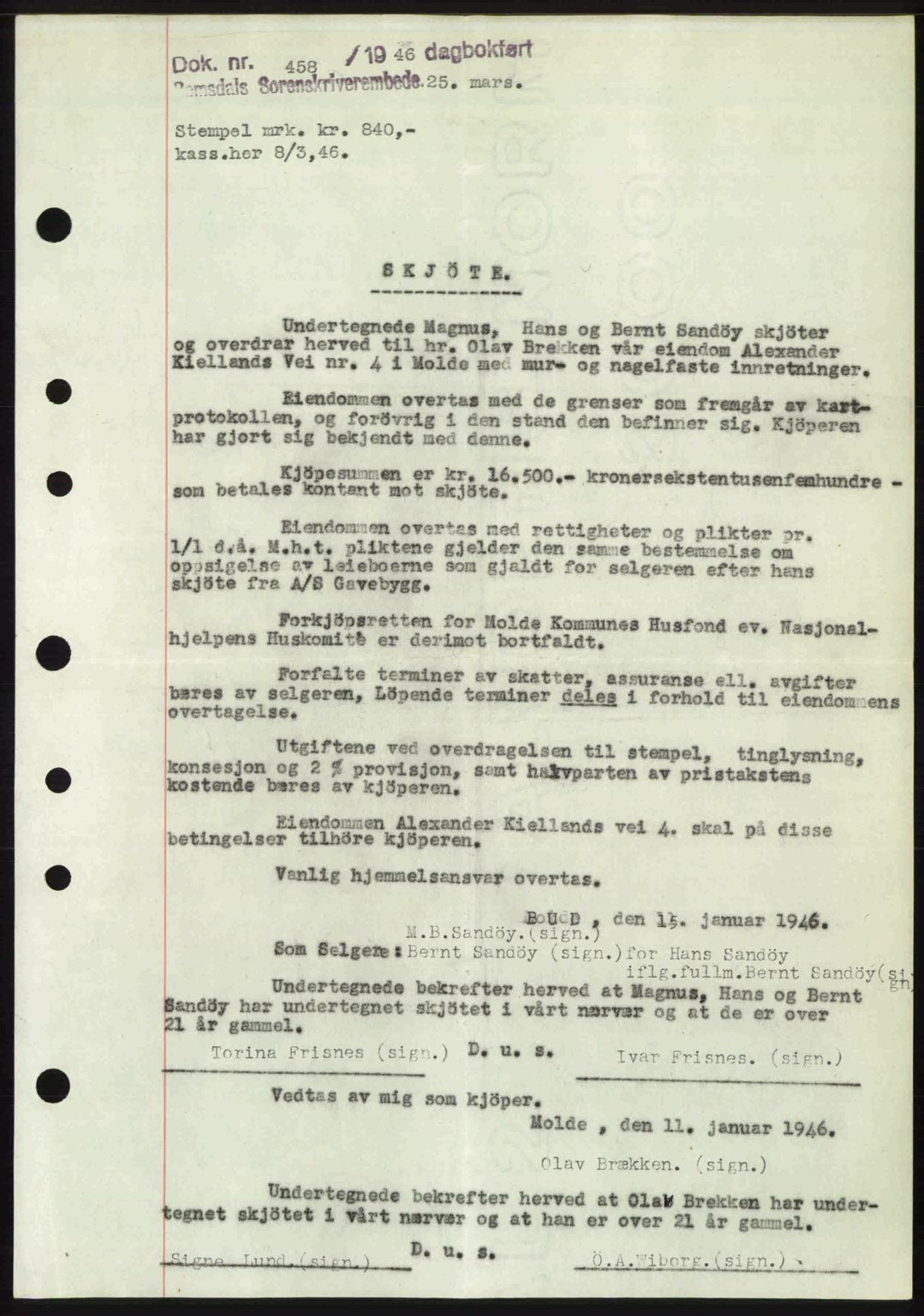 Romsdal sorenskriveri, SAT/A-4149/1/2/2C: Mortgage book no. A19, 1946-1946, Diary no: : 458/1946