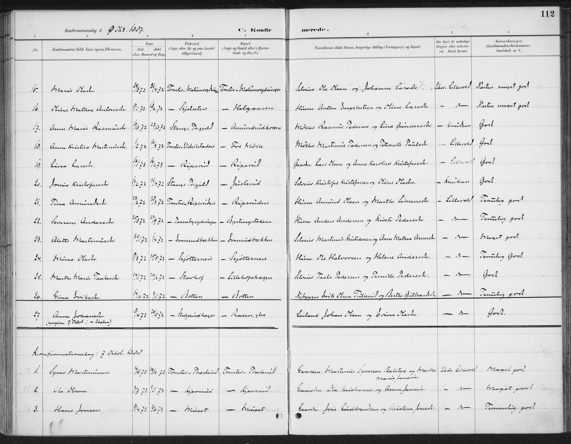 Romedal prestekontor, SAH/PREST-004/K/L0008: Parish register (official) no. 8, 1887-1905, p. 112