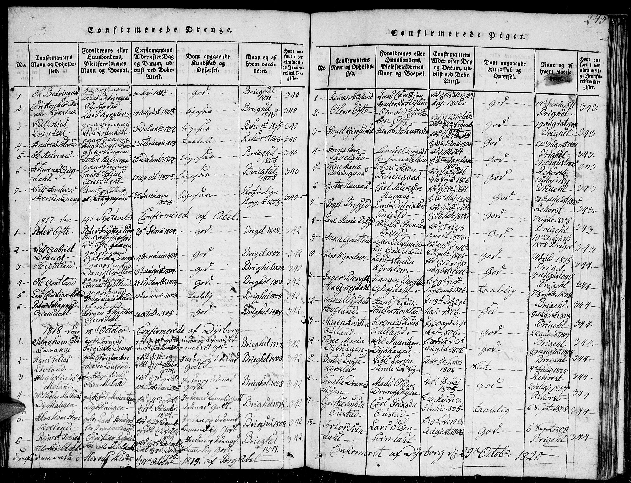 Herad sokneprestkontor, SAK/1111-0018/F/Fb/Fba/L0001: Parish register (copy) no. B 1, 1815-1852, p. 243