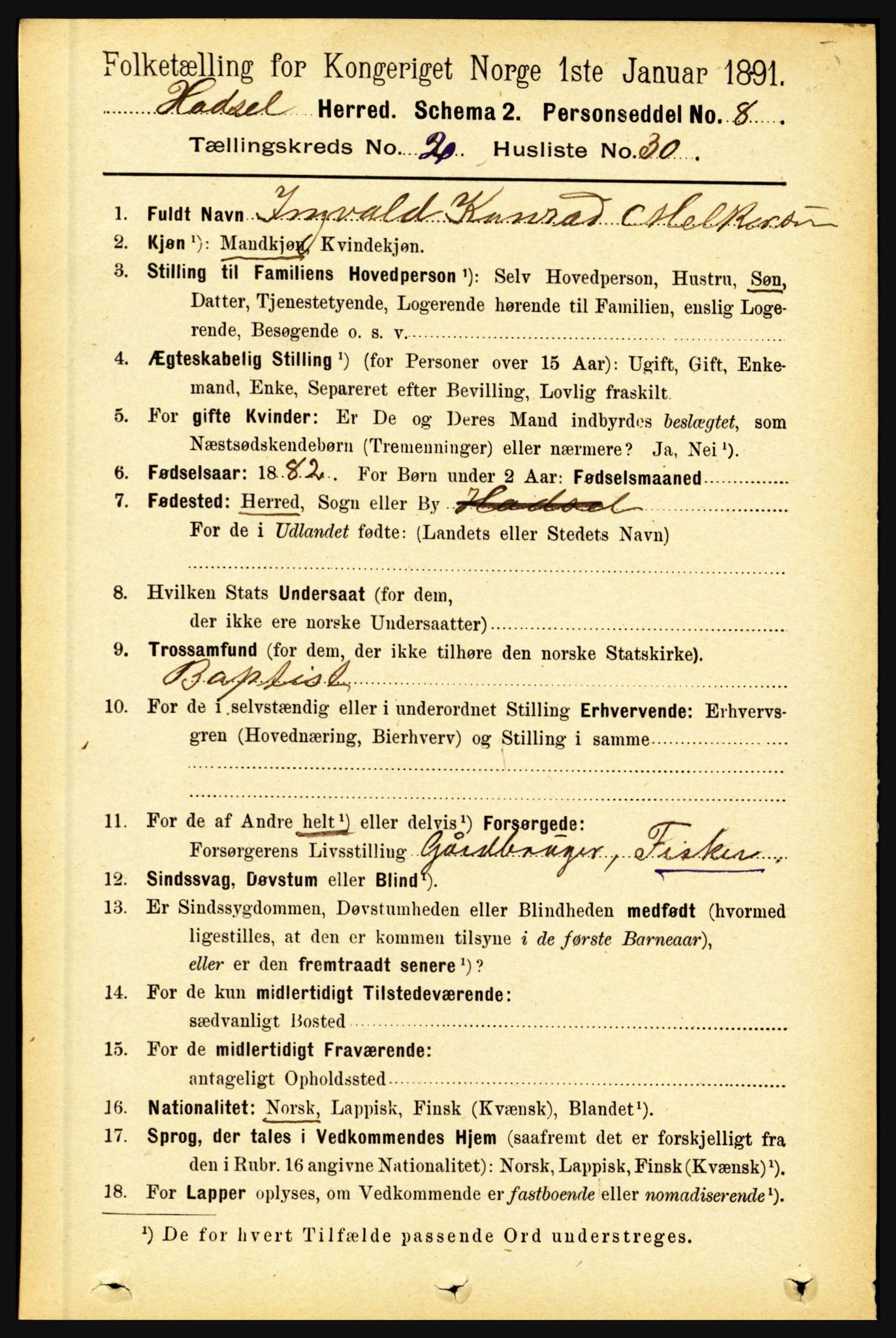 RA, 1891 census for 1866 Hadsel, 1891, p. 847