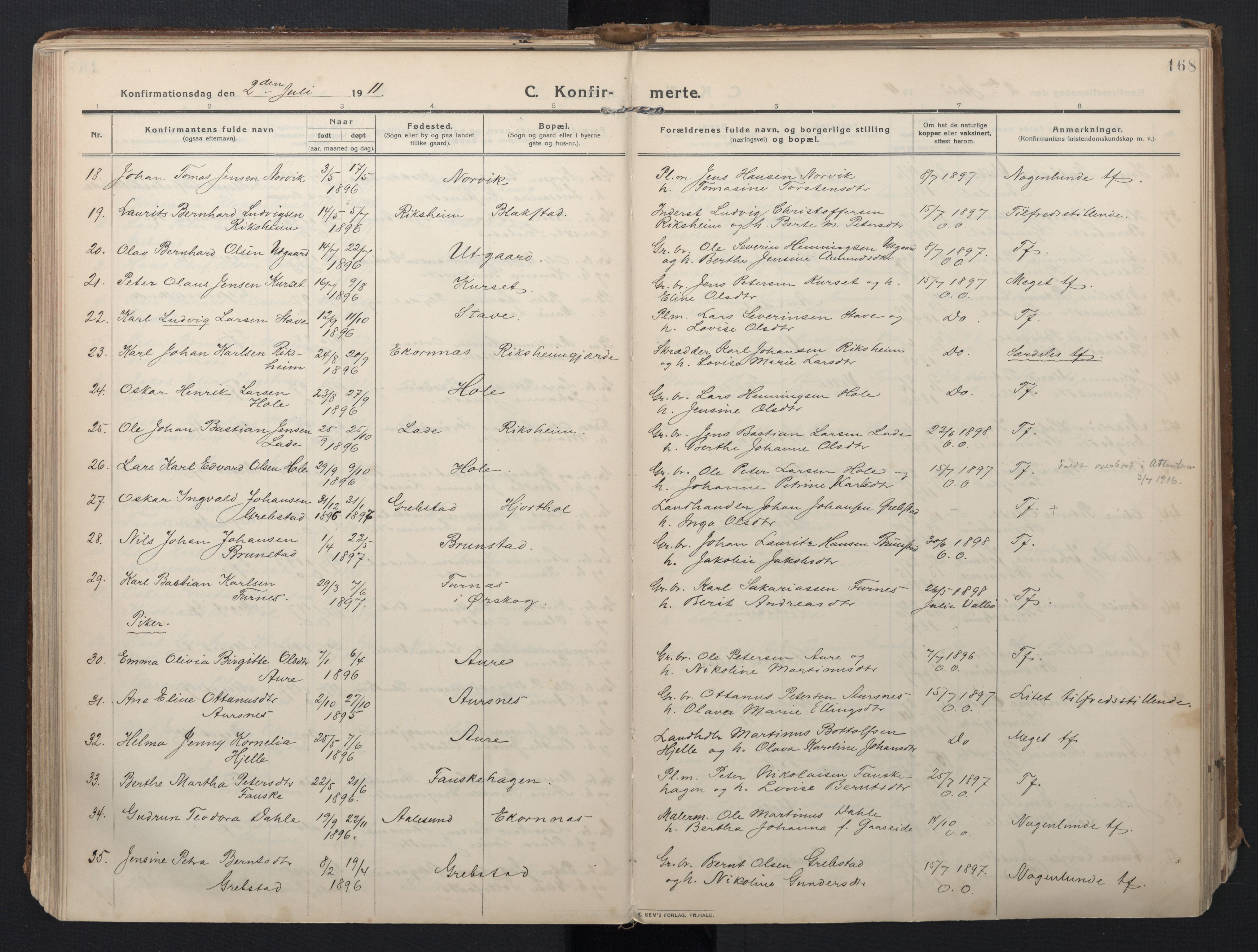 Ministerialprotokoller, klokkerbøker og fødselsregistre - Møre og Romsdal, AV/SAT-A-1454/523/L0337: Parish register (official) no. 523A04, 1911-1929, p. 168