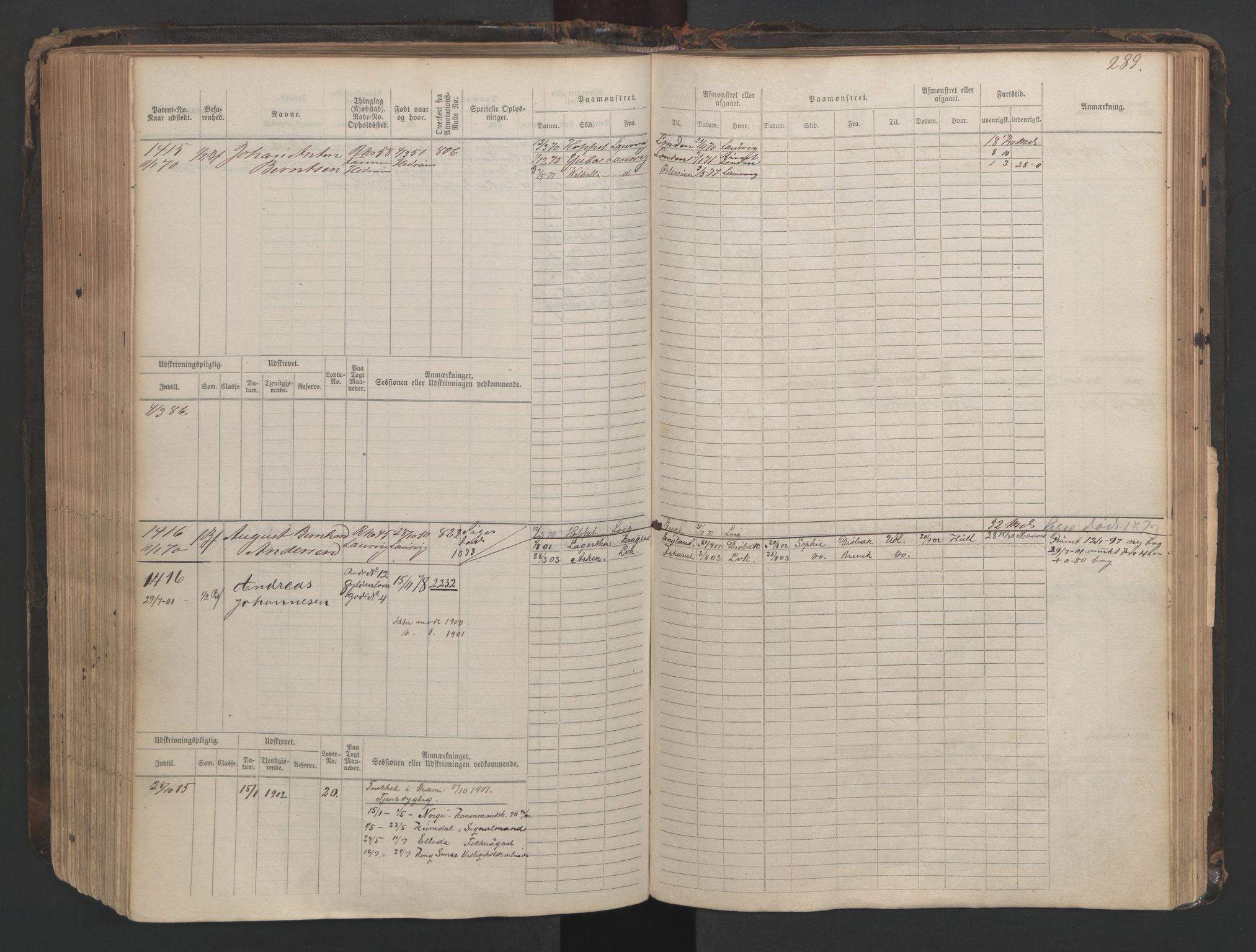 Larvik innrulleringskontor, SAKO/A-787/F/Fc/L0003: Hovedrulle, 1868, p. 289