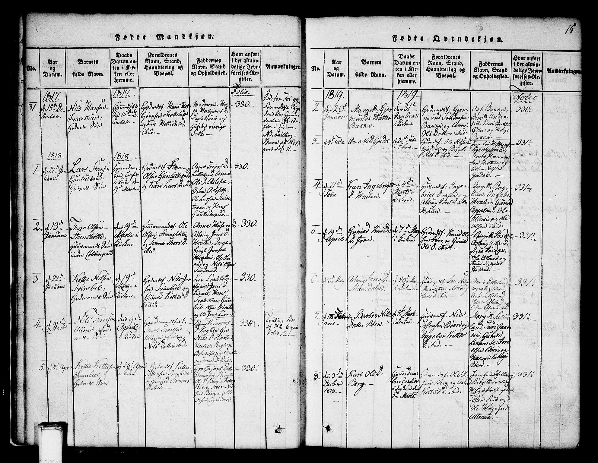 Tinn kirkebøker, SAKO/A-308/G/Ga/L0001: Parish register (copy) no. I 1, 1815-1850, p. 15