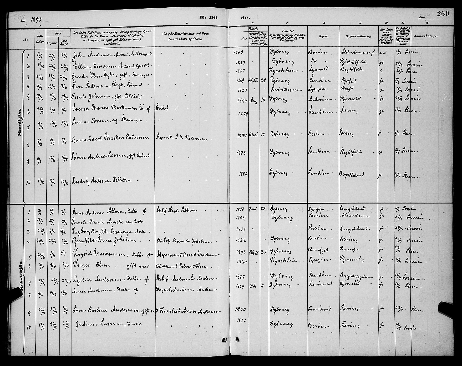 Dypvåg sokneprestkontor, AV/SAK-1111-0007/F/Fb/Fba/L0013: Parish register (copy) no. B 13, 1887-1900, p. 260