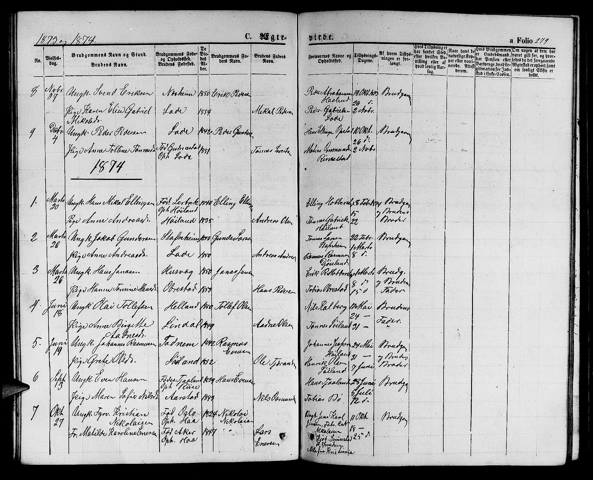 Hå sokneprestkontor, AV/SAST-A-101801/001/30BB/L0001: Parish register (copy) no. B 1, 1854-1883, p. 279