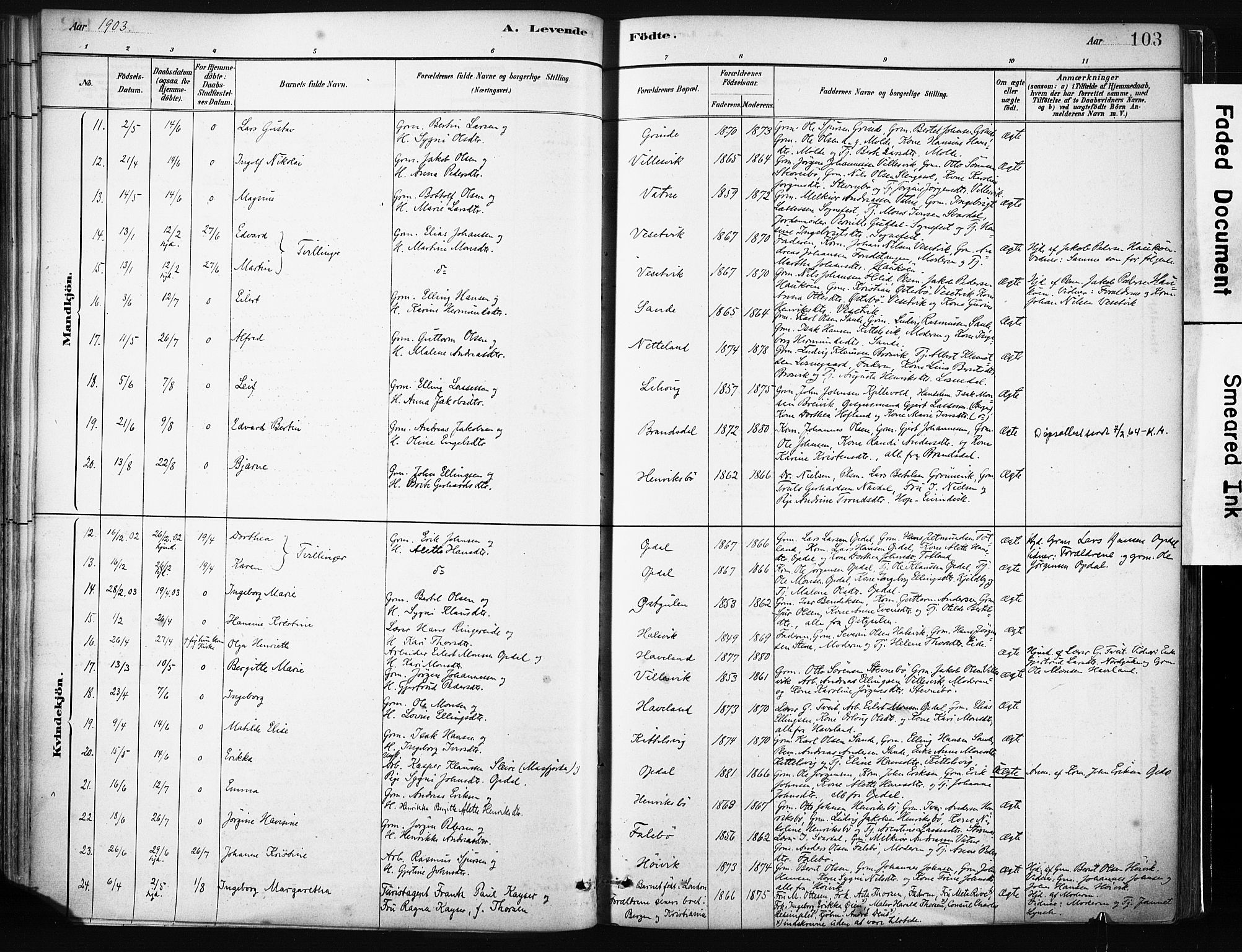 Gulen sokneprestembete, AV/SAB-A-80201/H/Haa/Haab/L0001: Parish register (official) no. B 1, 1881-1905, p. 103