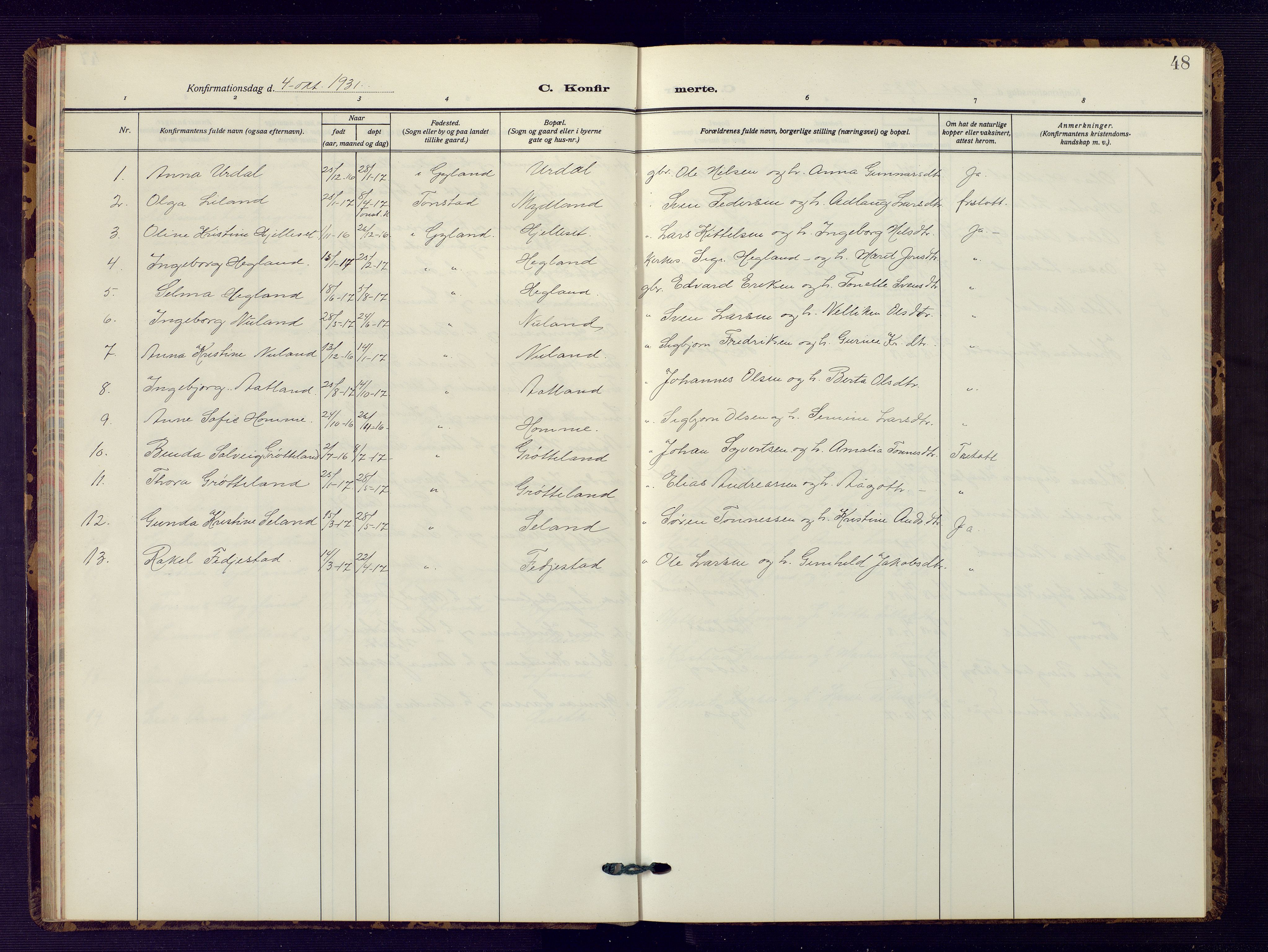 Bakke sokneprestkontor, AV/SAK-1111-0002/F/Fb/Fbb/L0005: Parish register (copy) no. B 5, 1927-1947, p. 48