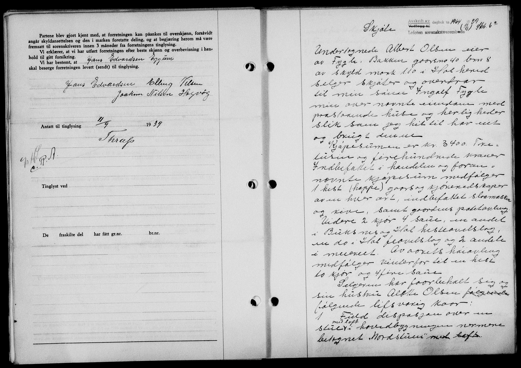 Lofoten sorenskriveri, SAT/A-0017/1/2/2C/L0006a: Mortgage book no. 6a, 1939-1939, Diary no: : 1964/1939
