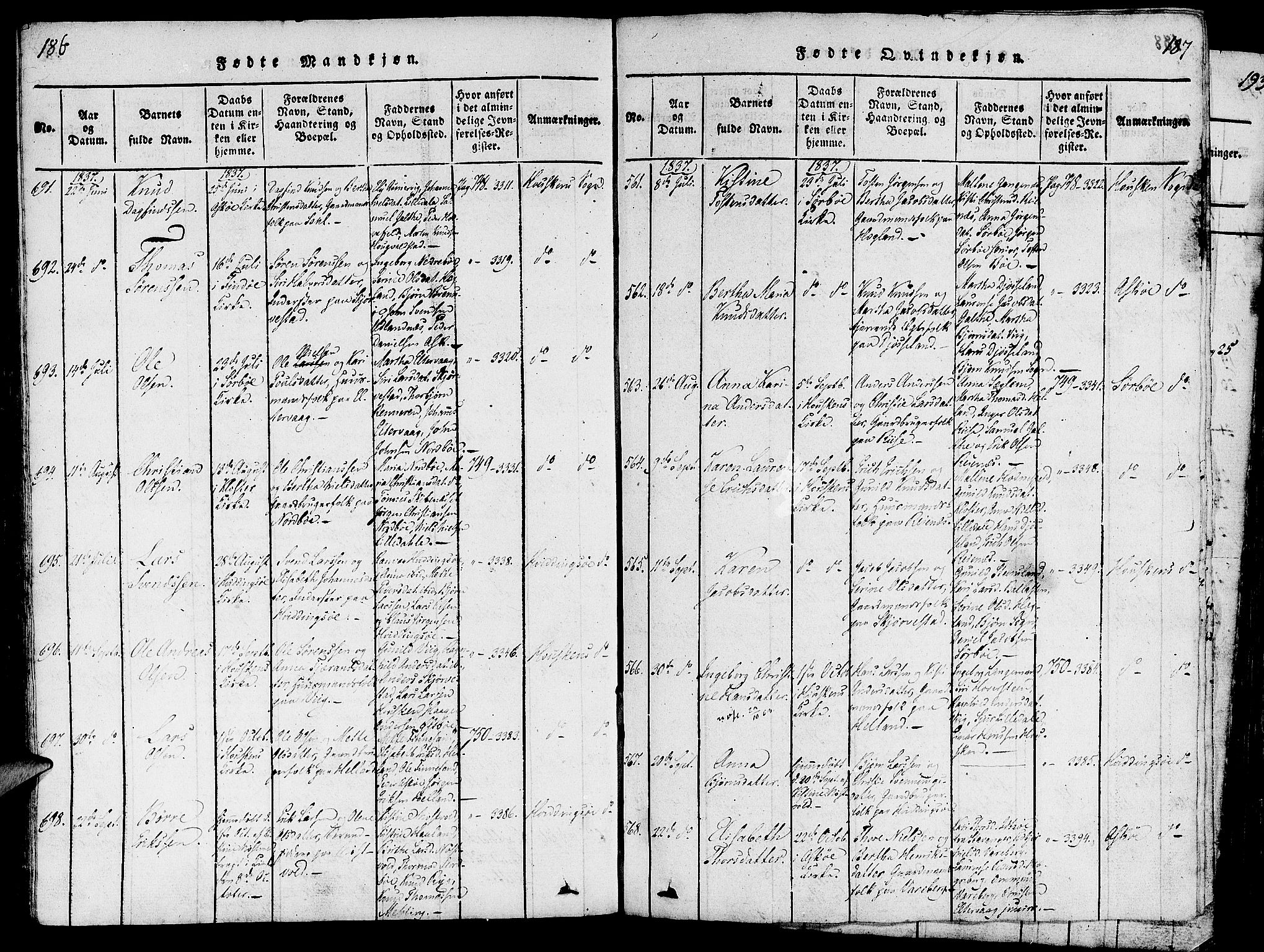 Rennesøy sokneprestkontor, AV/SAST-A -101827/H/Ha/Haa/L0004: Parish register (official) no. A 4, 1816-1837, p. 186-187