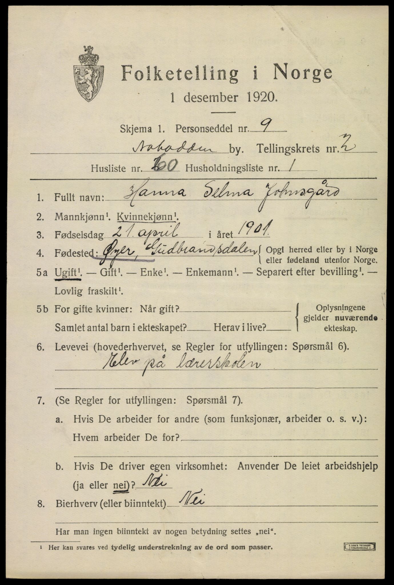 SAKO, 1920 census for Notodden, 1920, p. 7564
