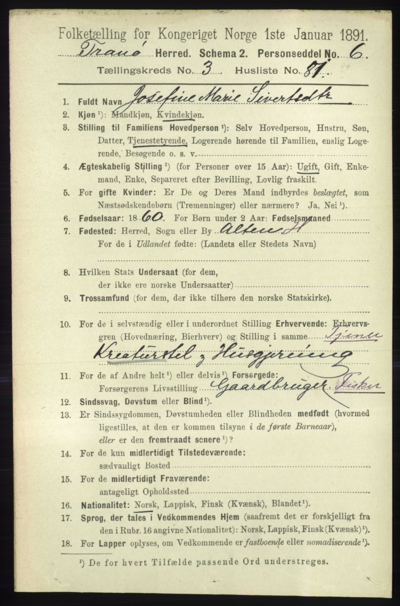 RA, 1891 census for 1927 Tranøy, 1891, p. 1381