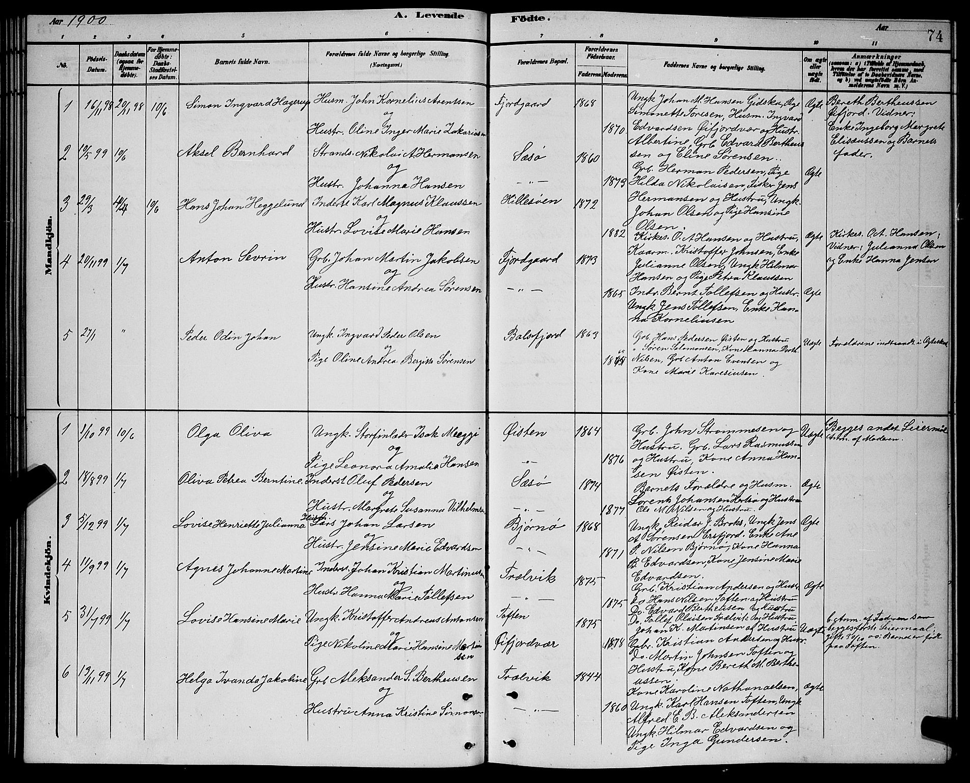 Lenvik sokneprestembete, SATØ/S-1310/H/Ha/Hab/L0021klokker: Parish register (copy) no. 21, 1884-1900, p. 74