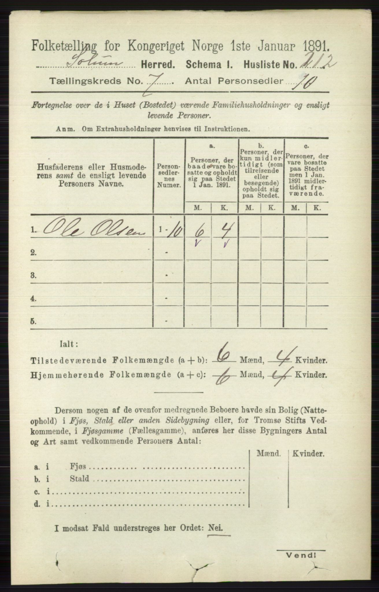 RA, 1891 census for 0818 Solum, 1891, p. 2701