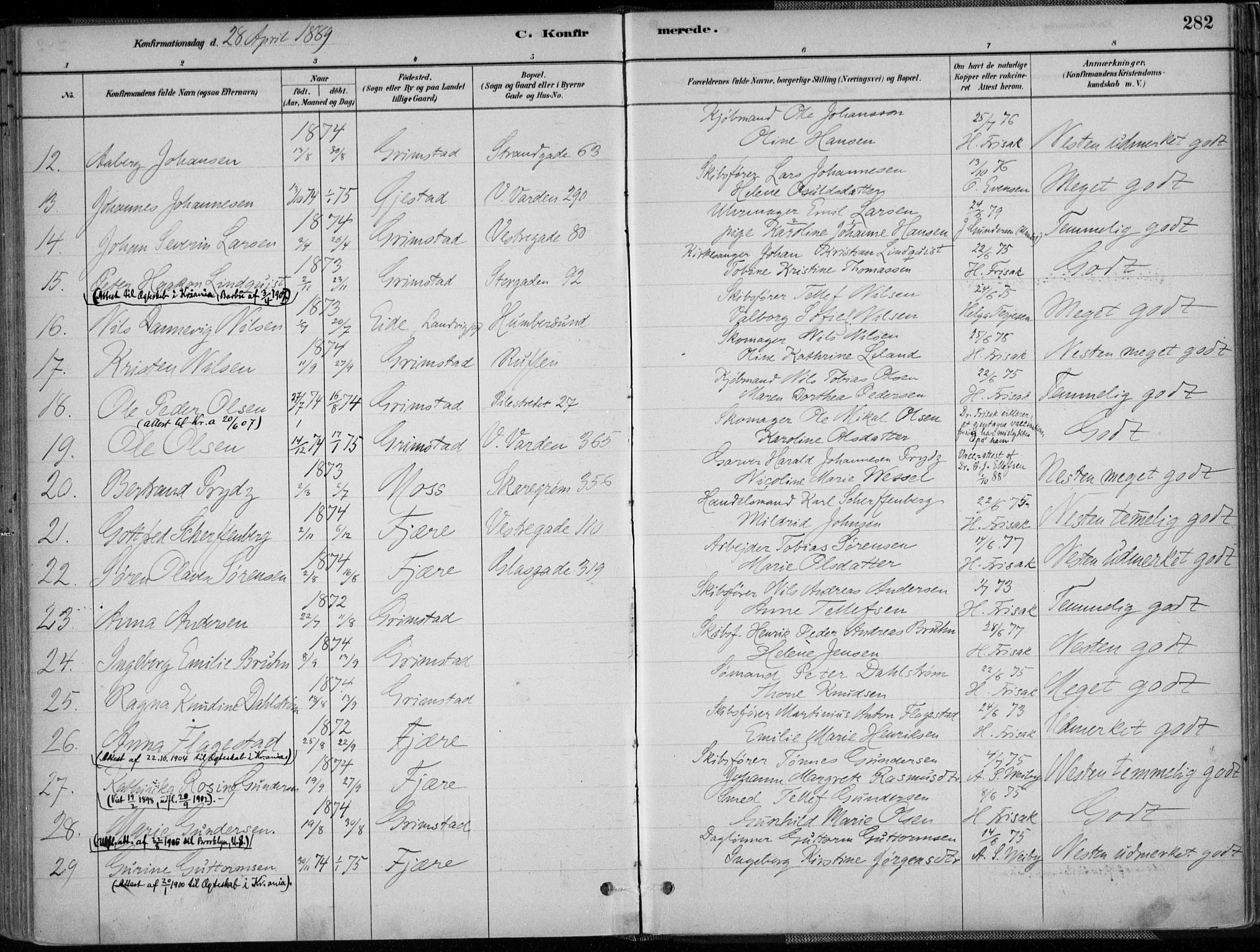 Grimstad sokneprestkontor, AV/SAK-1111-0017/F/Fa/L0003: Parish register (official) no. A 2, 1882-1912, p. 282