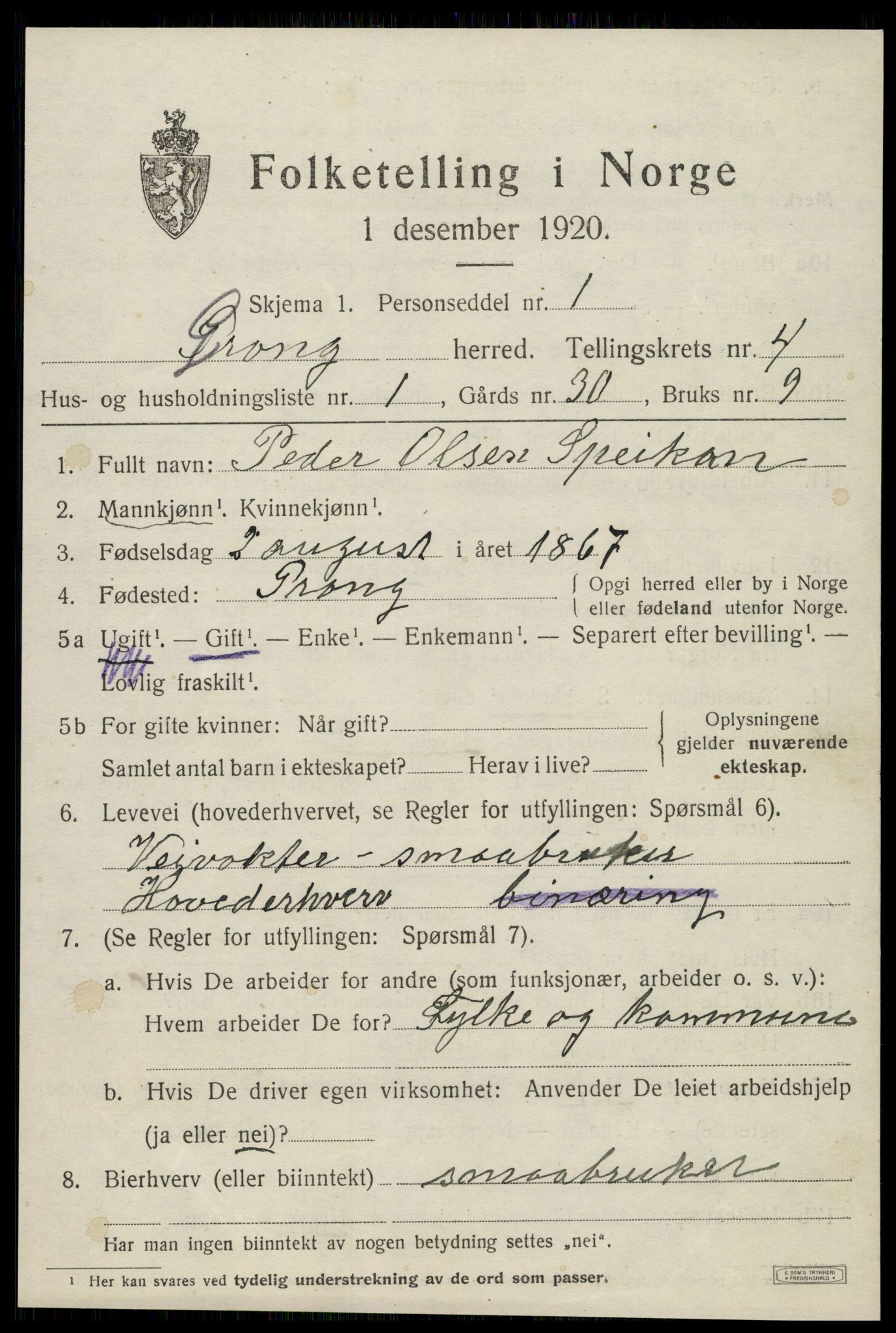 SAT, 1920 census for Grong, 1920, p. 2585