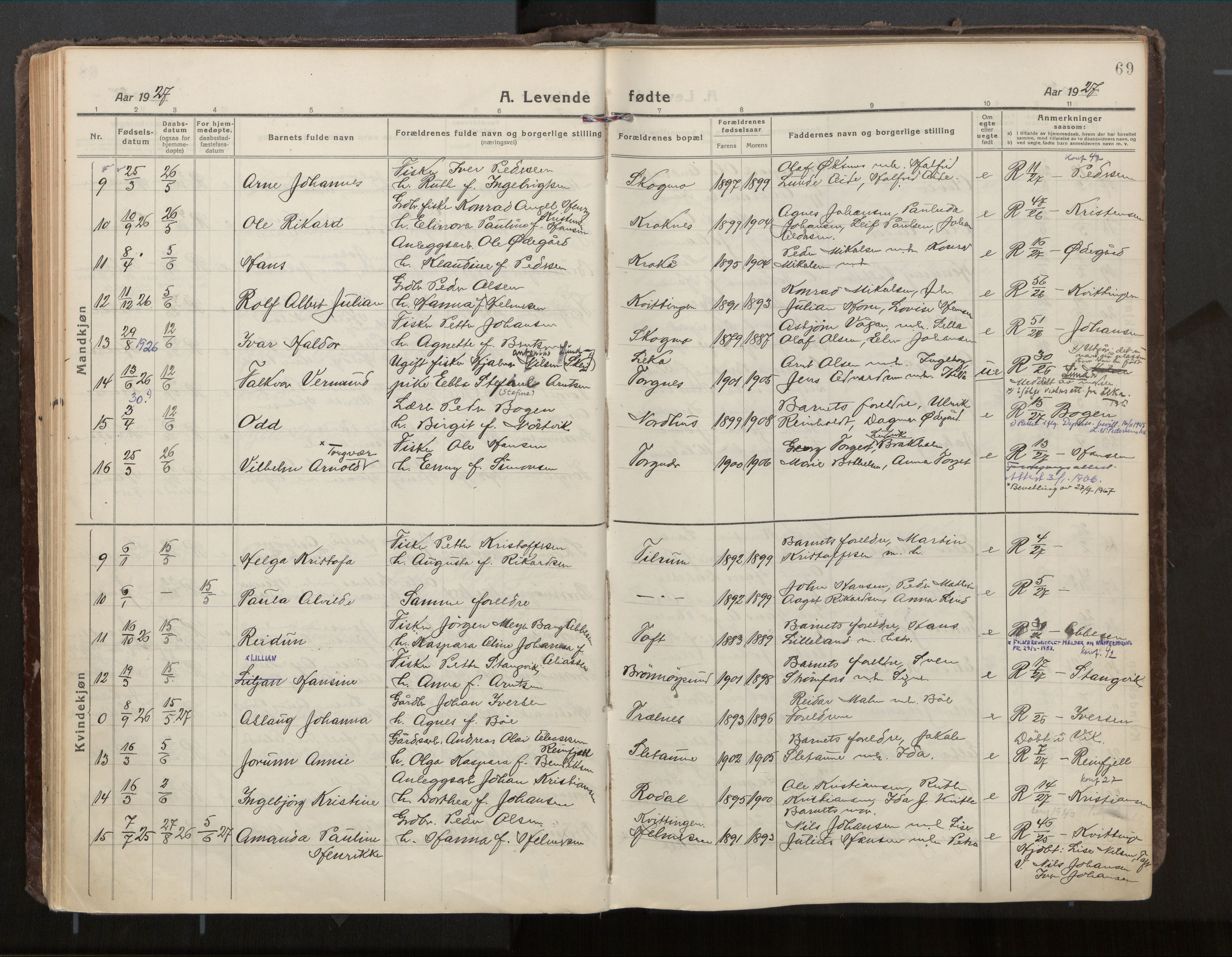 Ministerialprotokoller, klokkerbøker og fødselsregistre - Nordland, SAT/A-1459/813/L0207a: Parish register (official) no. 813A18, 1919-1927, p. 69