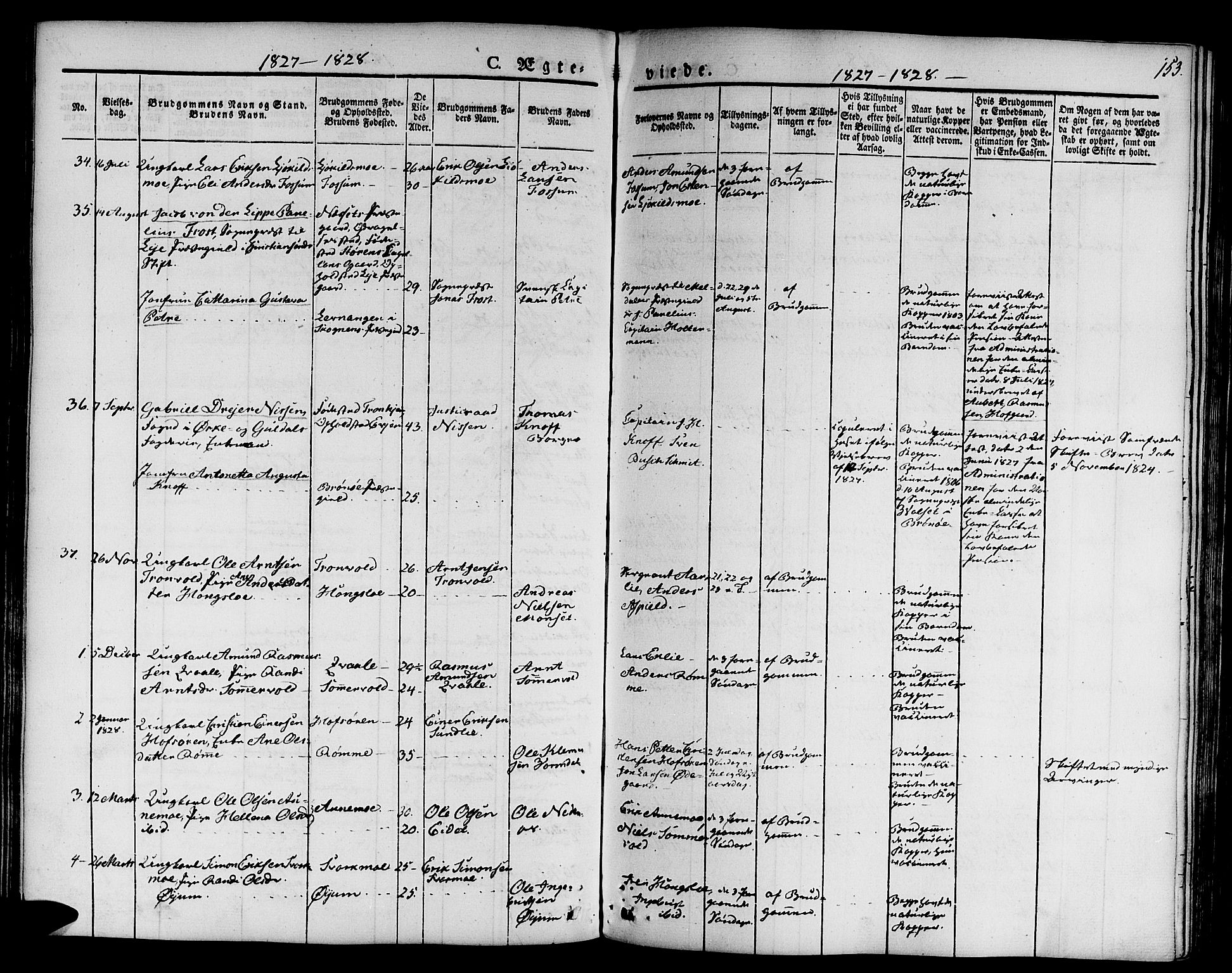 Ministerialprotokoller, klokkerbøker og fødselsregistre - Sør-Trøndelag, AV/SAT-A-1456/668/L0804: Parish register (official) no. 668A04, 1826-1839, p. 153