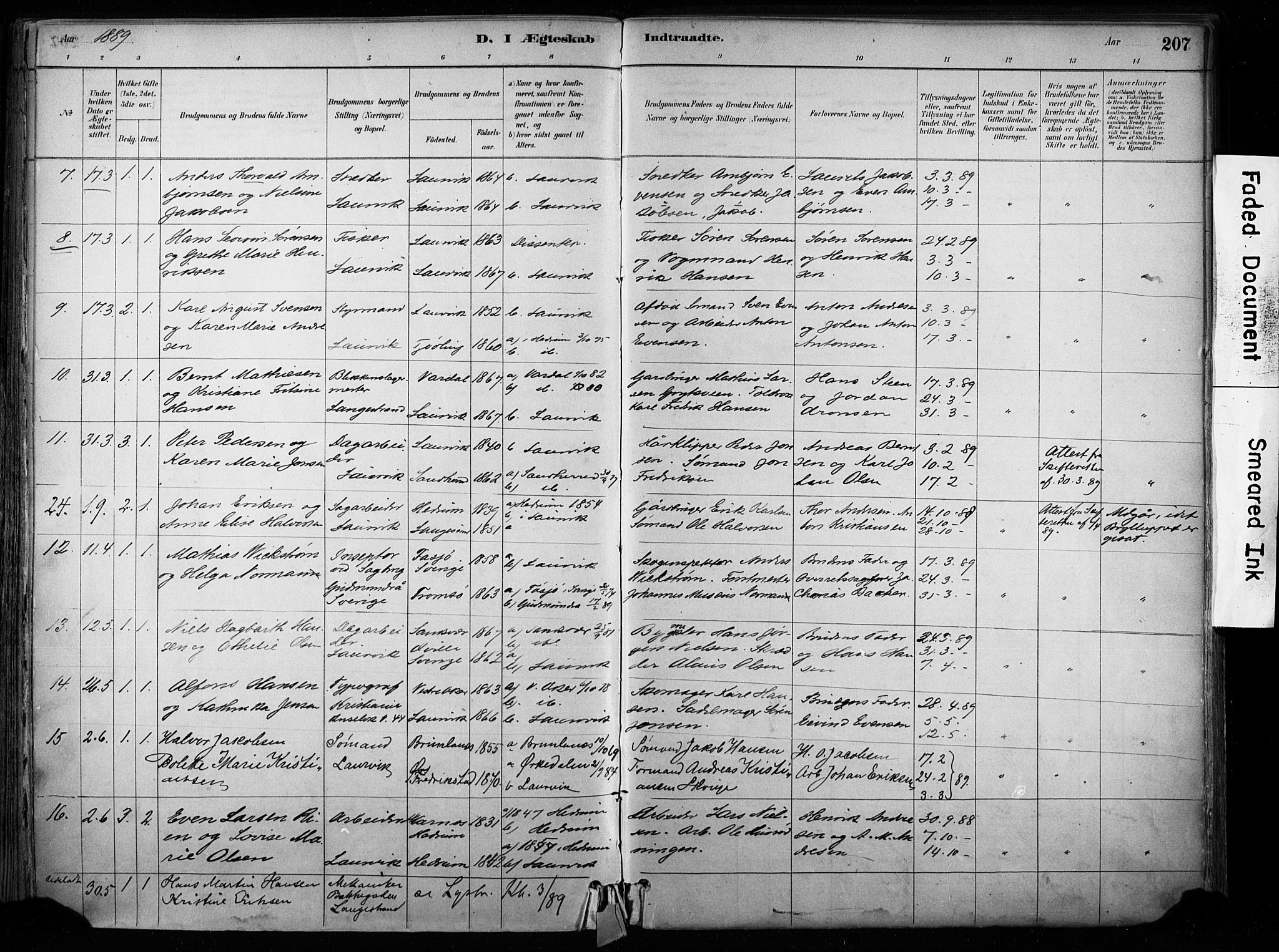 Larvik kirkebøker, AV/SAKO-A-352/F/Fa/L0008: Parish register (official) no. I 8, 1884-1902, p. 207