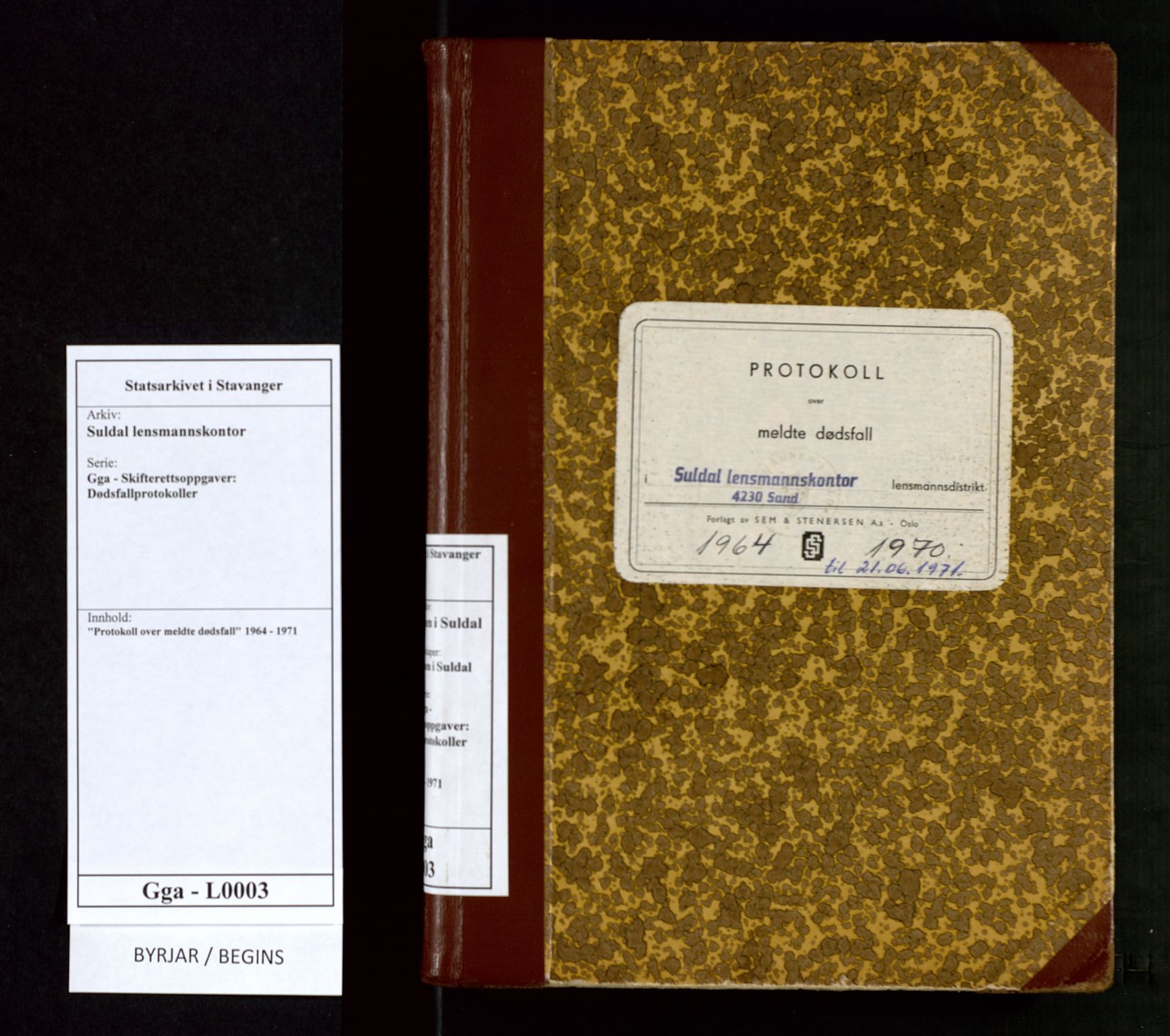 Suldal lensmannskontor, SAST/A-100419/Gga/L0003: "Protokoll over meldte dødsfall", 1964-1971