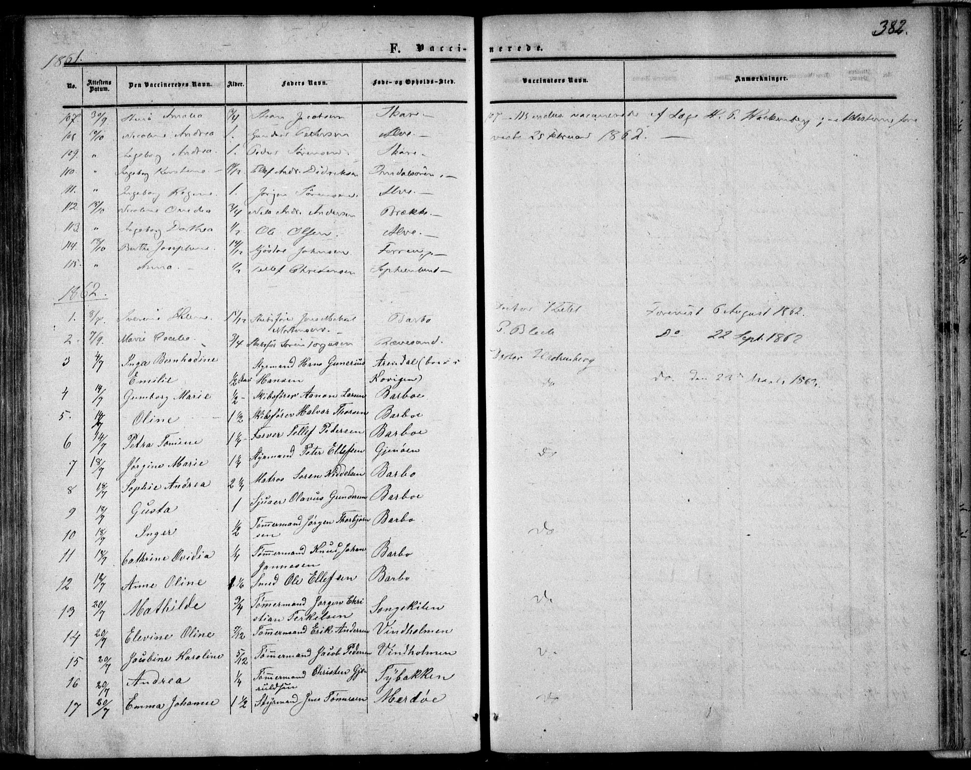 Tromøy sokneprestkontor, SAK/1111-0041/F/Fa/L0006: Parish register (official) no. A 6, 1855-1863, p. 382