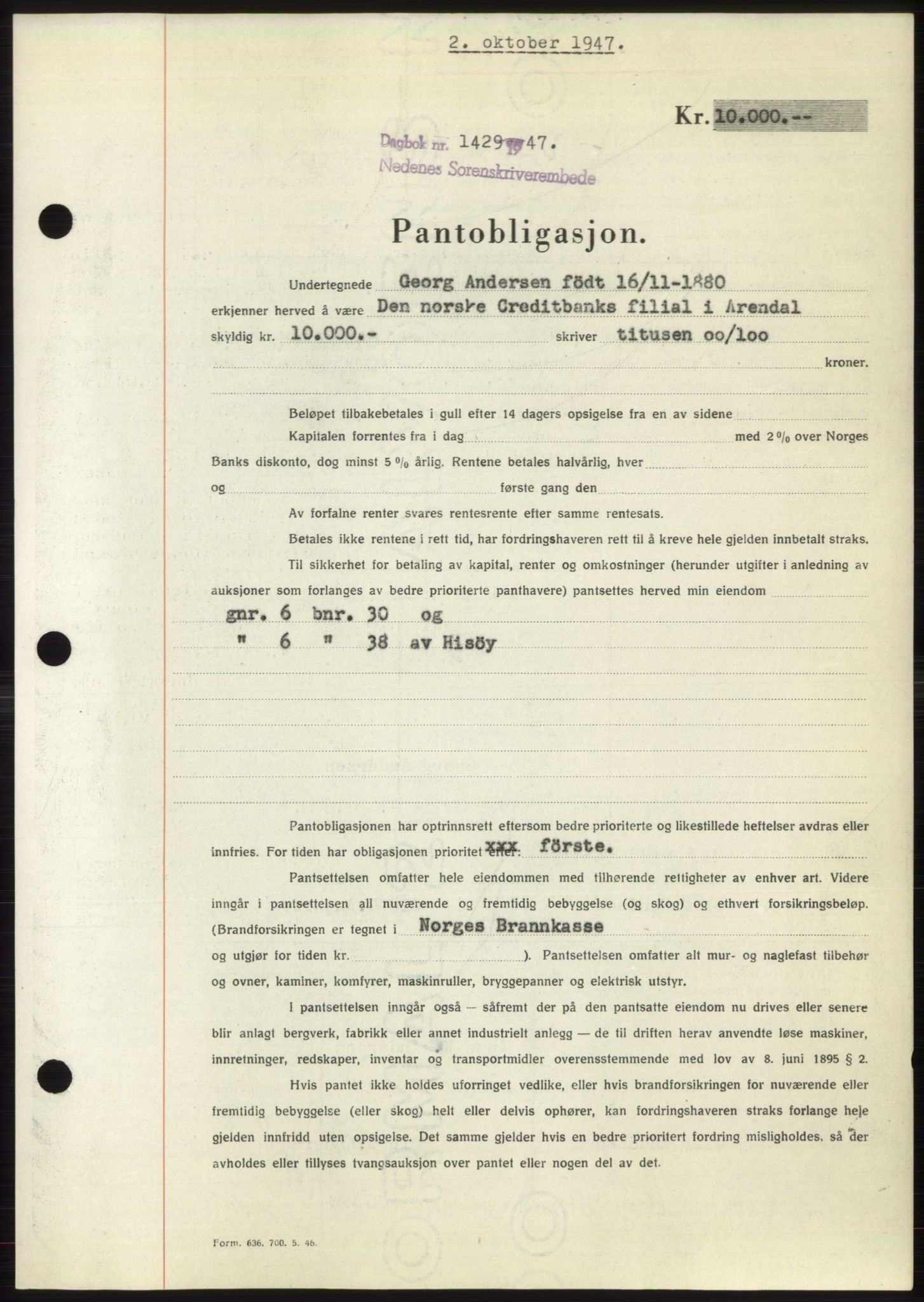 Nedenes sorenskriveri, AV/SAK-1221-0006/G/Gb/Gbb/L0004: Mortgage book no. B4, 1947-1947, Diary no: : 1429/1947