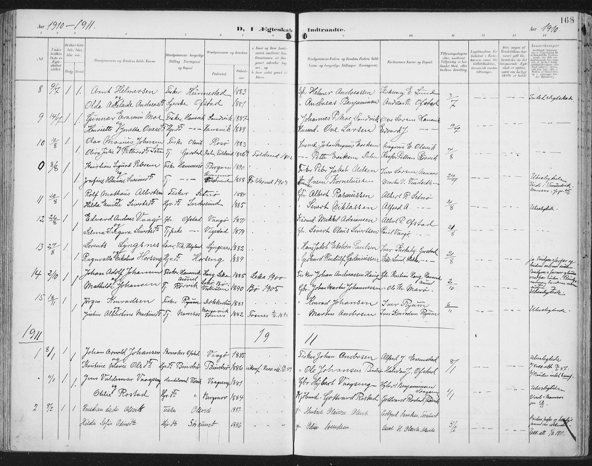 Ministerialprotokoller, klokkerbøker og fødselsregistre - Nord-Trøndelag, SAT/A-1458/786/L0688: Parish register (official) no. 786A04, 1899-1912, p. 168