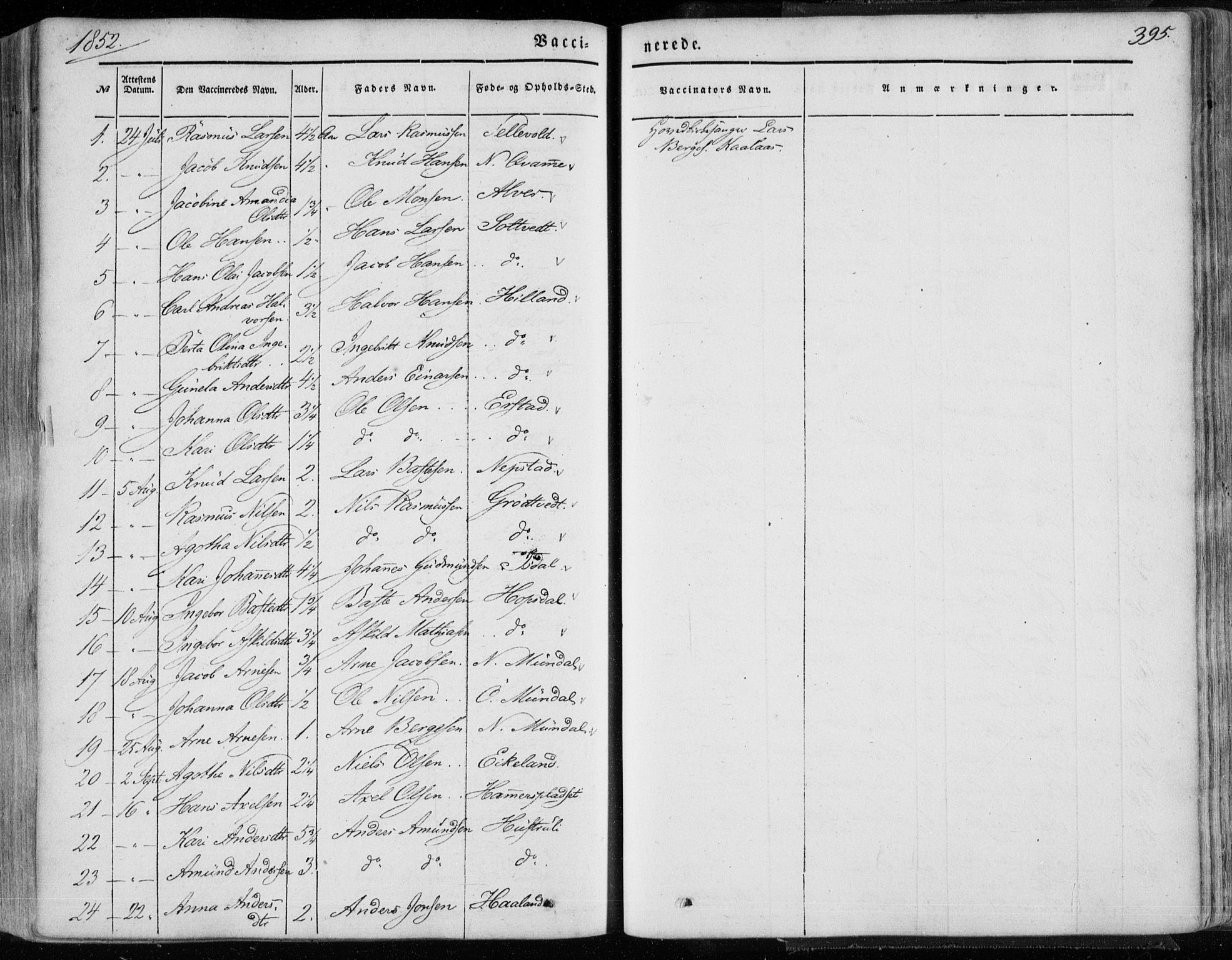 Hamre sokneprestembete, SAB/A-75501/H/Ha/Haa/Haaa/L0013: Parish register (official) no. A 13, 1846-1857, p. 395