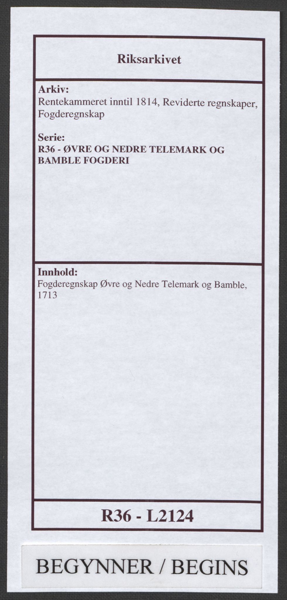 Rentekammeret inntil 1814, Reviderte regnskaper, Fogderegnskap, RA/EA-4092/R36/L2124: Fogderegnskap Øvre og Nedre Telemark og Bamble, 1713, p. 1