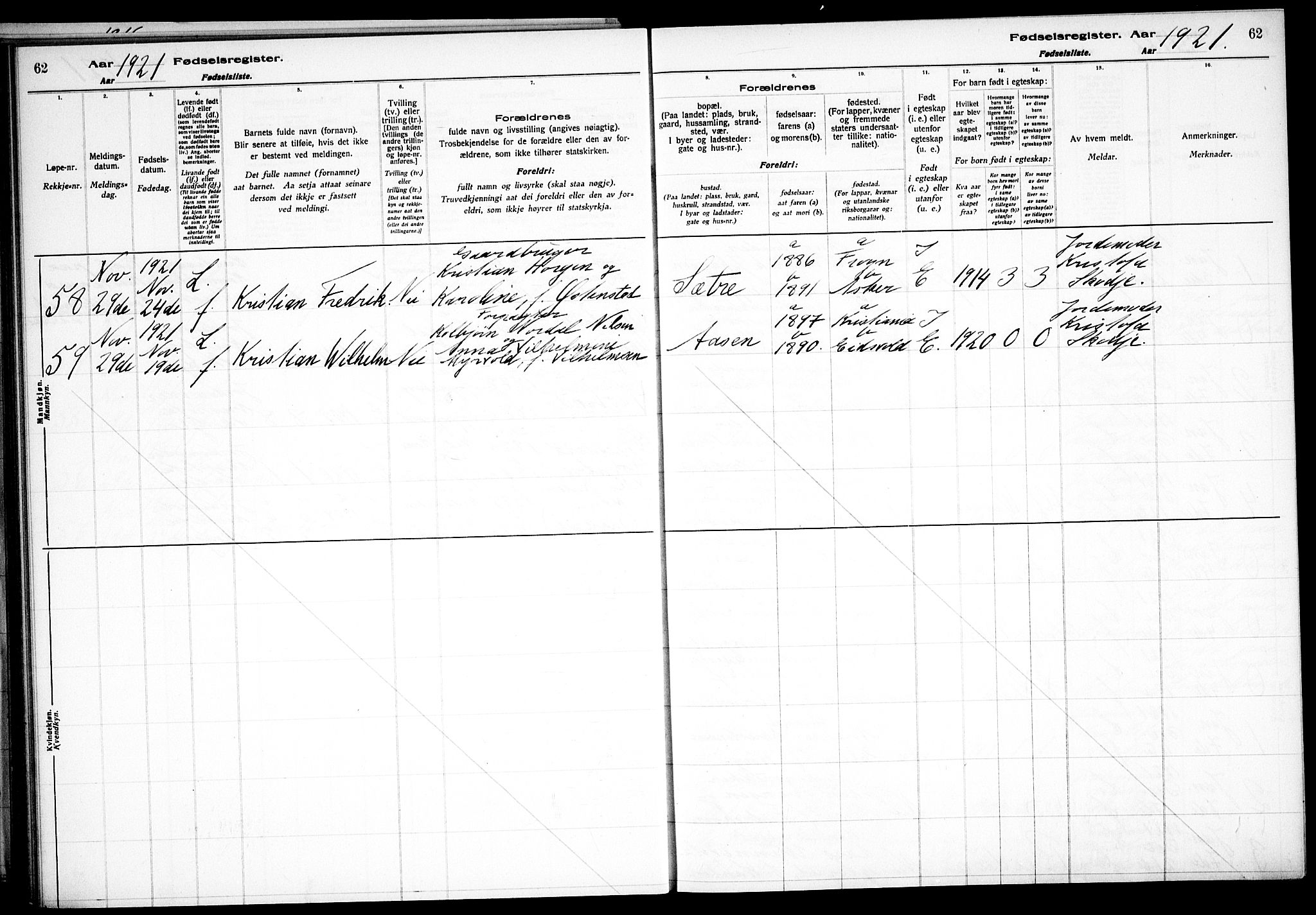 Nesodden prestekontor Kirkebøker, SAO/A-10013/J/Jb/L0001: Birth register no. II 1, 1916-1933, p. 62