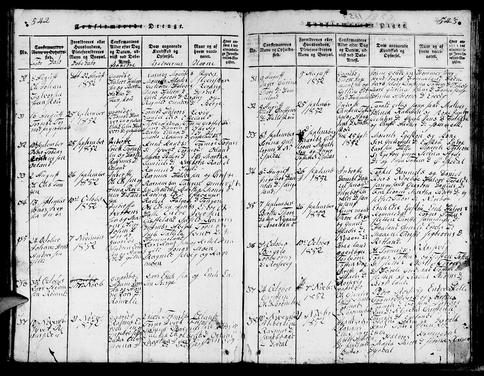 Strand sokneprestkontor, AV/SAST-A-101828/H/Ha/Hab/L0002: Parish register (copy) no. B 2, 1816-1854, p. 542-543