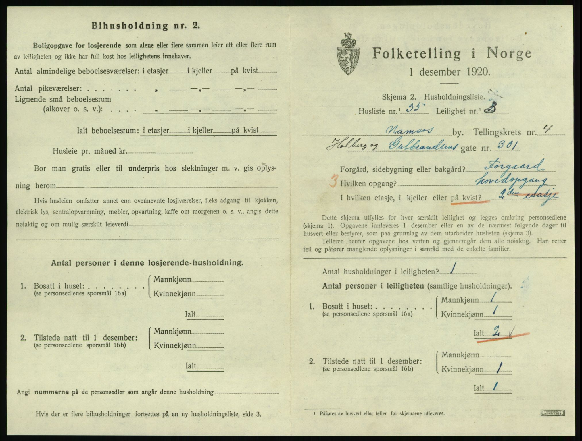 SAT, 1920 census for Namsos, 1920, p. 1533