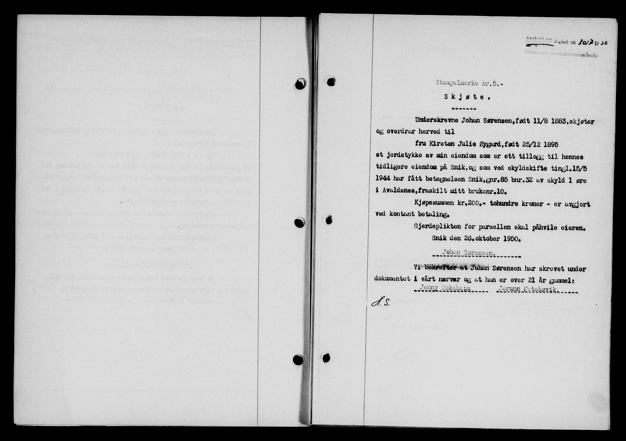 Karmsund sorenskriveri, SAST/A-100311/01/II/IIB/L0101: Mortgage book no. 81A, 1950-1951, Diary no: : 3017/1950