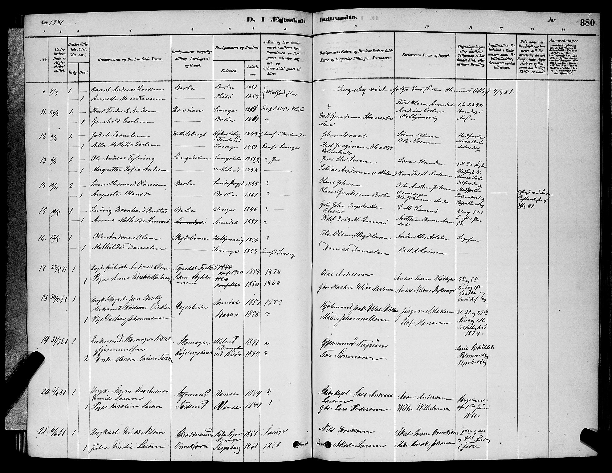 Barbu sokneprestkontor, AV/SAK-1111-0003/F/Fb/L0001: Parish register (copy) no. B 1, 1878-1890, p. 380