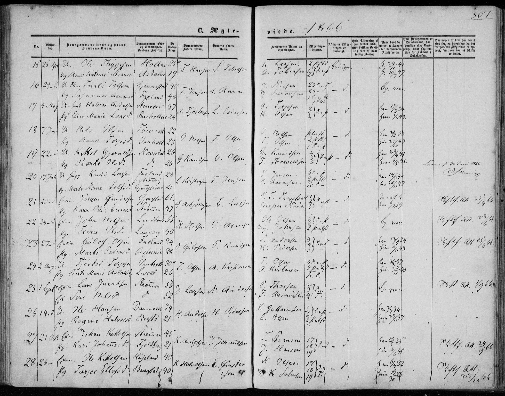 Øyestad sokneprestkontor, AV/SAK-1111-0049/F/Fa/L0015: Parish register (official) no. A 15, 1857-1873, p. 307