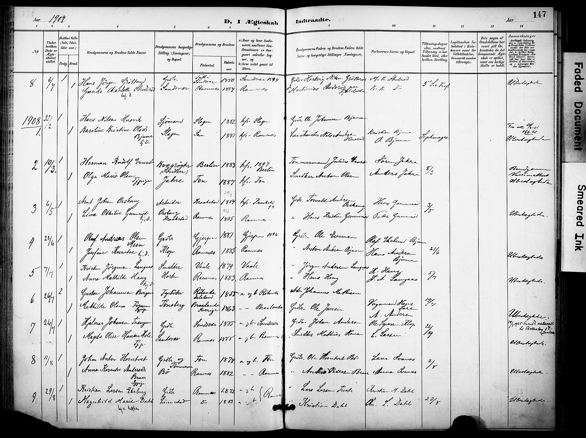 Ramnes kirkebøker, AV/SAKO-A-314/F/Fa/L0008: Parish register (official) no. I 8, 1896-1913, p. 147