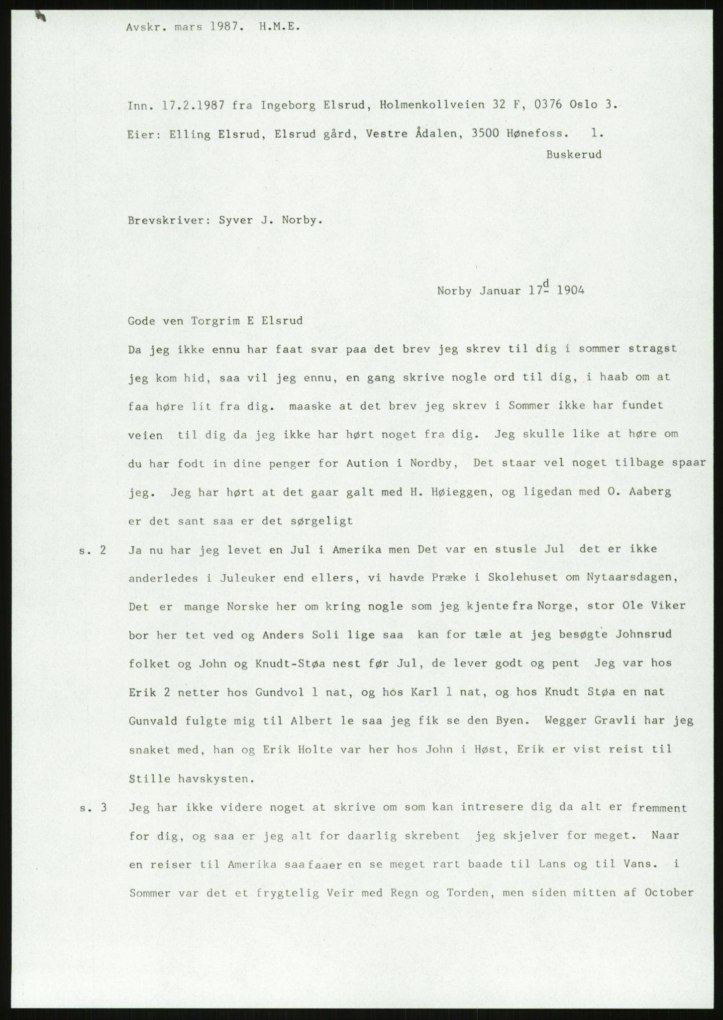 Samlinger til kildeutgivelse, Amerikabrevene, AV/RA-EA-4057/F/L0018: Innlån fra Buskerud: Elsrud, 1838-1914, p. 959