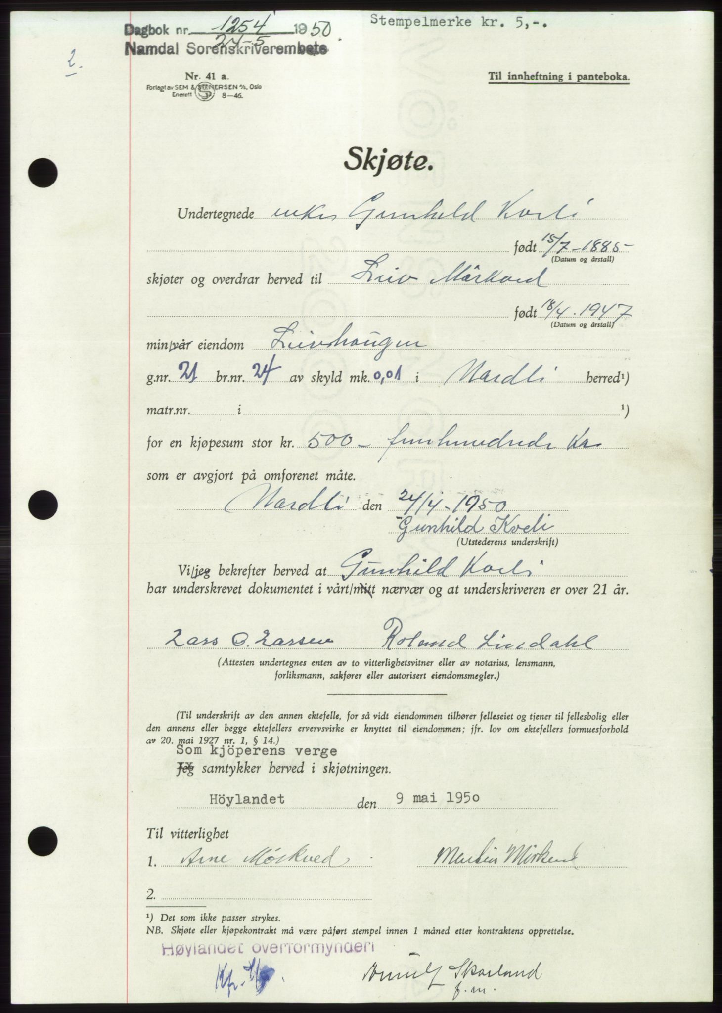 Namdal sorenskriveri, AV/SAT-A-4133/1/2/2C: Mortgage book no. -, 1950-1950, Diary no: : 1254/1950