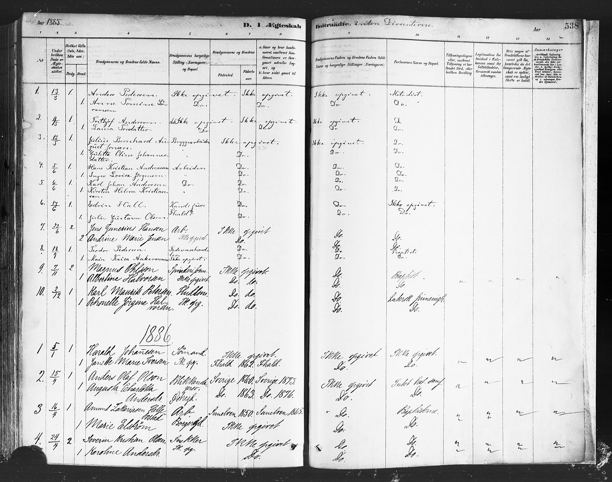Halden prestekontor Kirkebøker, SAO/A-10909/F/Fa/L0011: Parish register (official) no. I 11, 1878-1889, p. 538