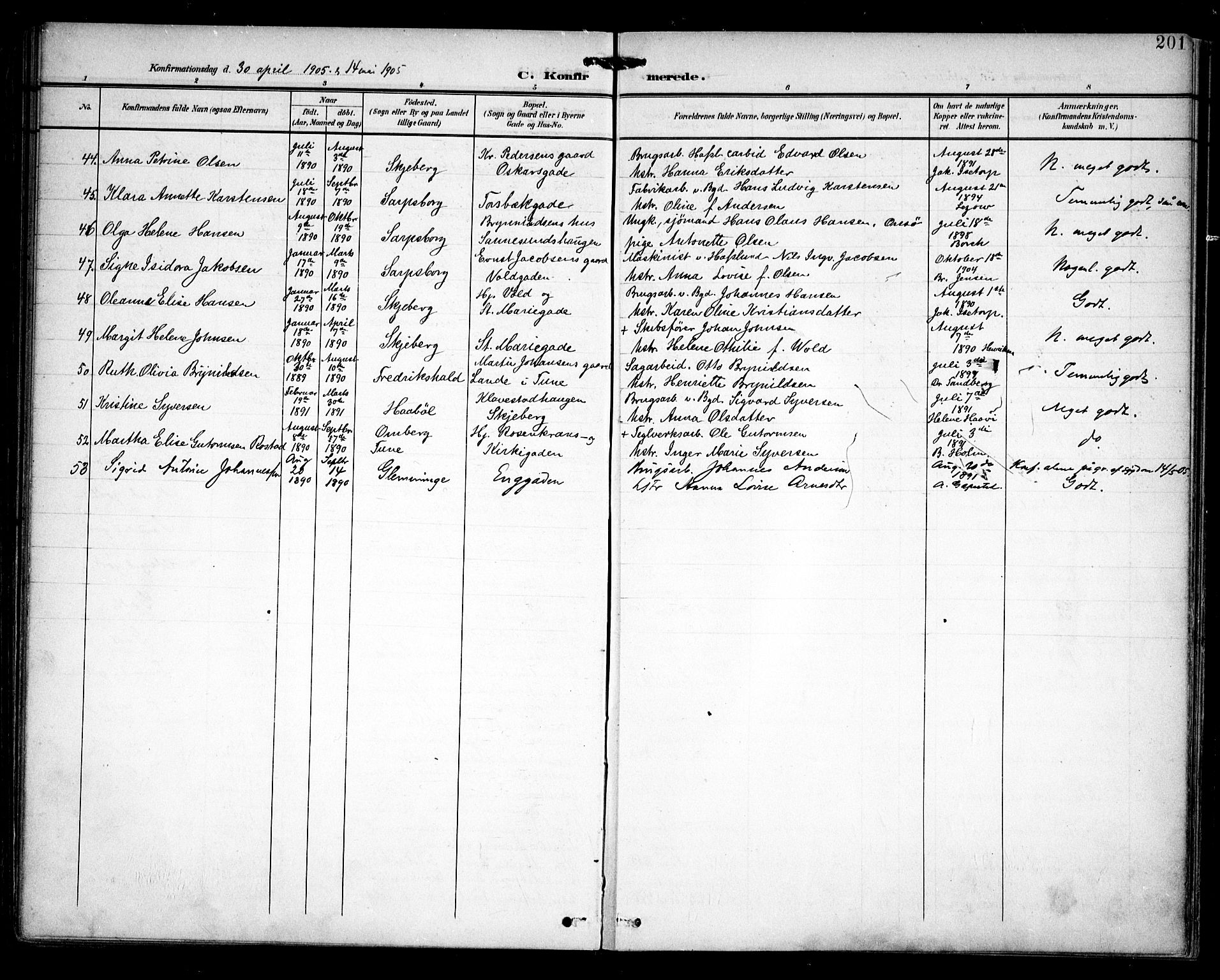 Sarpsborg prestekontor Kirkebøker, AV/SAO-A-2006/F/Fa/L0005: Parish register (official) no. 5, 1900-1909, p. 201