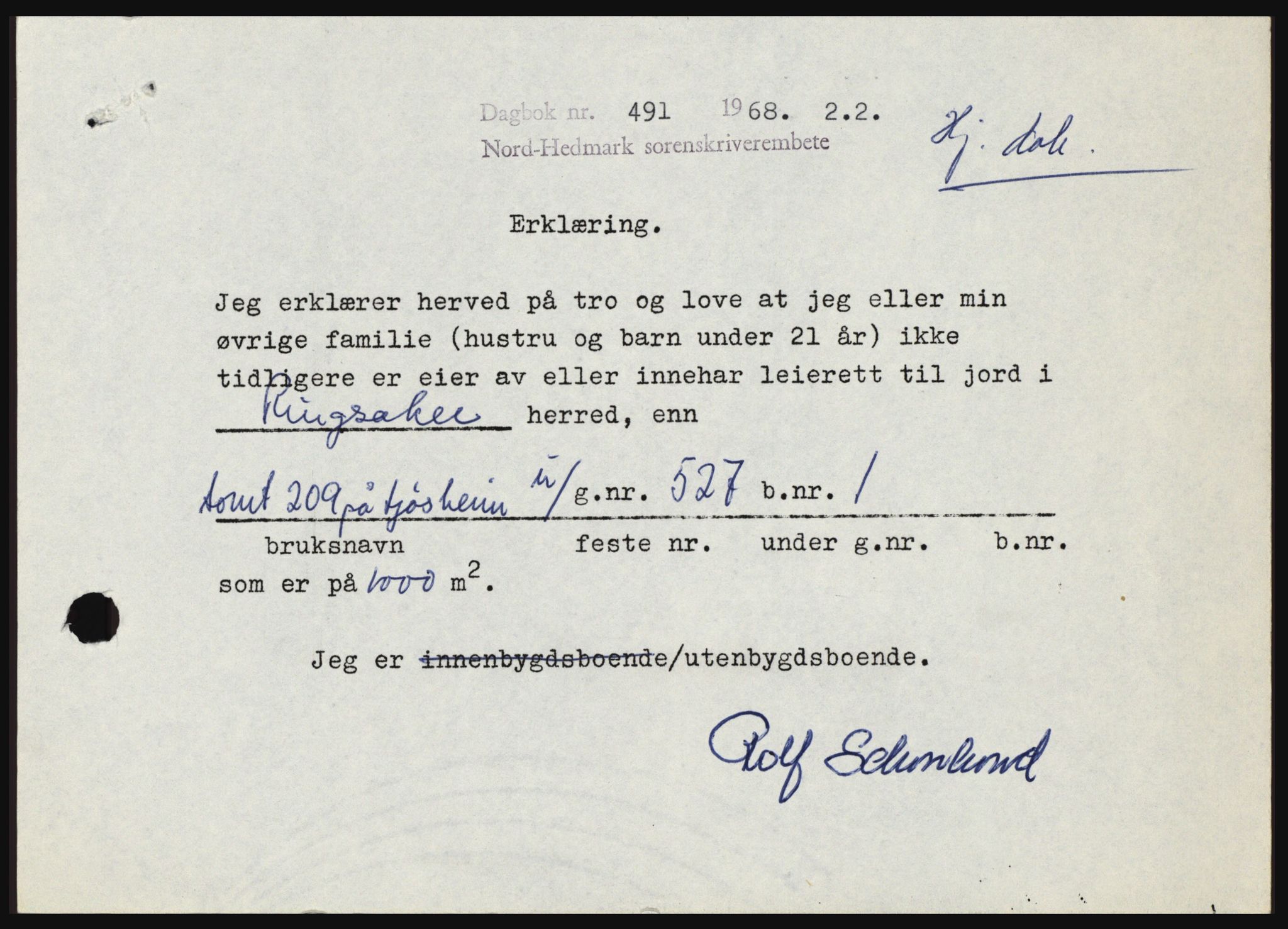 Nord-Hedmark sorenskriveri, SAH/TING-012/H/Hc/L0027: Mortgage book no. 27, 1967-1968, Diary no: : 491/1968