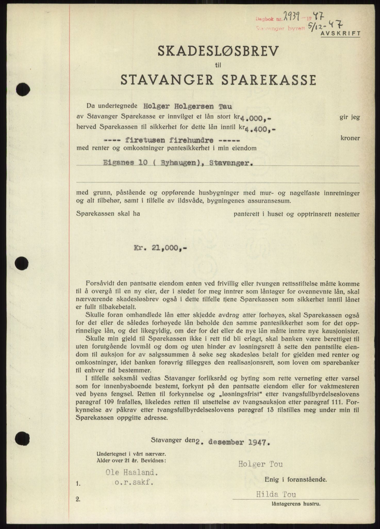 Stavanger byrett, SAST/A-100455/002/G/Gb/L0032: Mortgage book, 1947-1950, Diary no: : 2939/1947