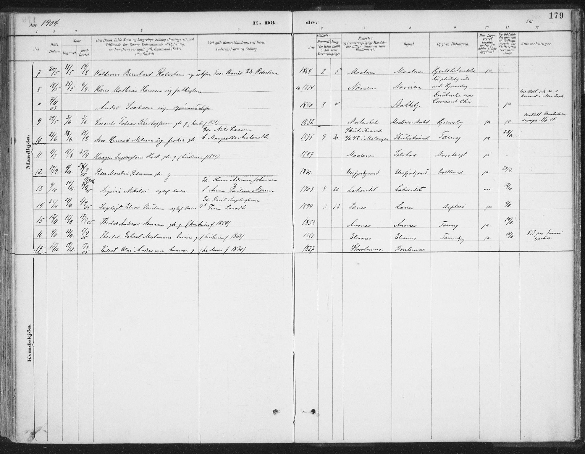 Balsfjord sokneprestembete, AV/SATØ-S-1303/G/Ga/L0007kirke: Parish register (official) no. 7, 1887-1909, p. 179